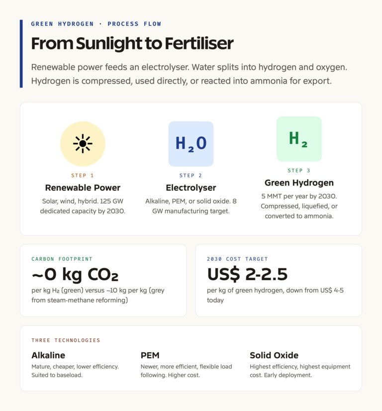 Green Hydrogen Production Process: Renewable Power, Electrolyser, Output