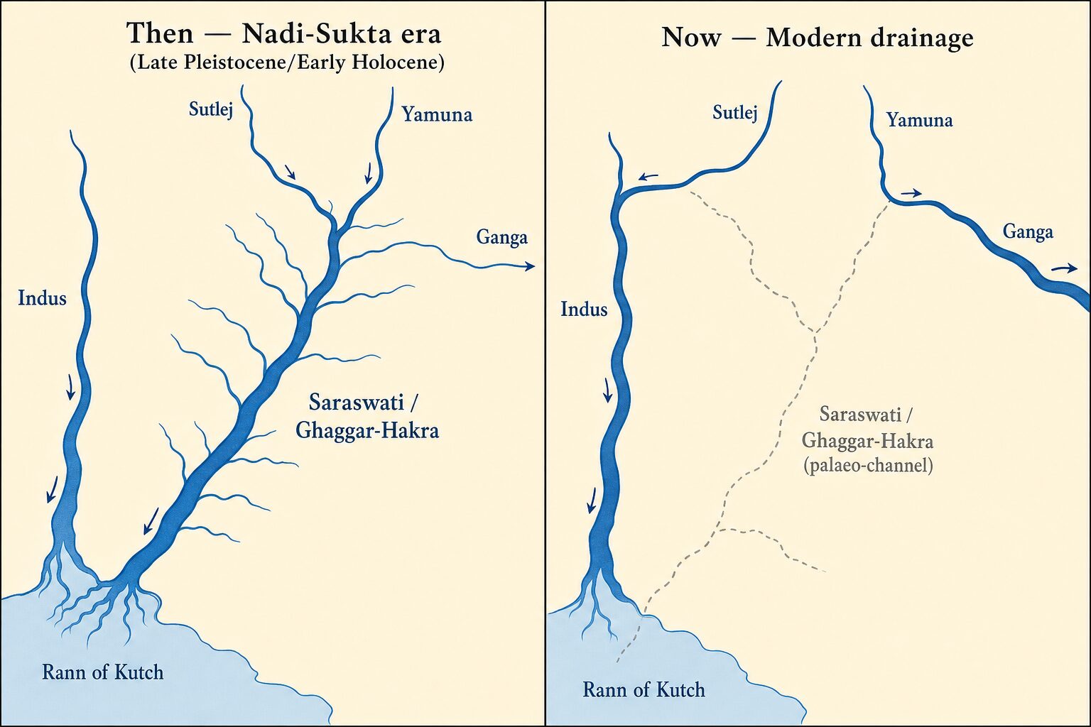उत्तर-पश्चिमी भारत के जल-तंत्र का साथ-साथ रखा तुलनात्मक चित्र: 'तब' (नदी-सूक्त का दौर, प्लीस्टोसीन के आख़िर/होलोसीन की शुरुआत) बनाम 'अब' (आज का जल-तंत्र)। 'तब' वाले हिस्से में सतलुज और यमुना, दोनों प्रमुख सरस्वती / घग्घर-हाकड़ा रीढ़ को कच्छ के रन तक भरती हैं। 'अब' वाले हिस्से में सतलुज पश्चिम की ओर सिंधु में जाती है, यमुना पूरब की ओर गंगा में, और सरस्वती सिर्फ़ बिंदुदार पुरानी धारा भर रह जाती है