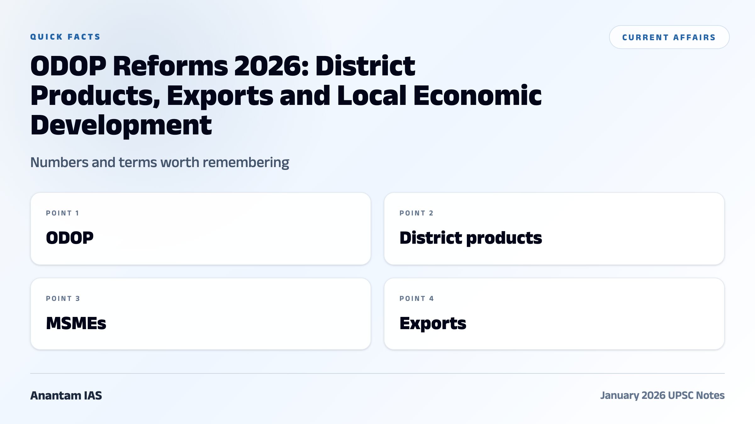 ODOP Reforms 2026: District Products, Exports and Local Economic Development quick facts