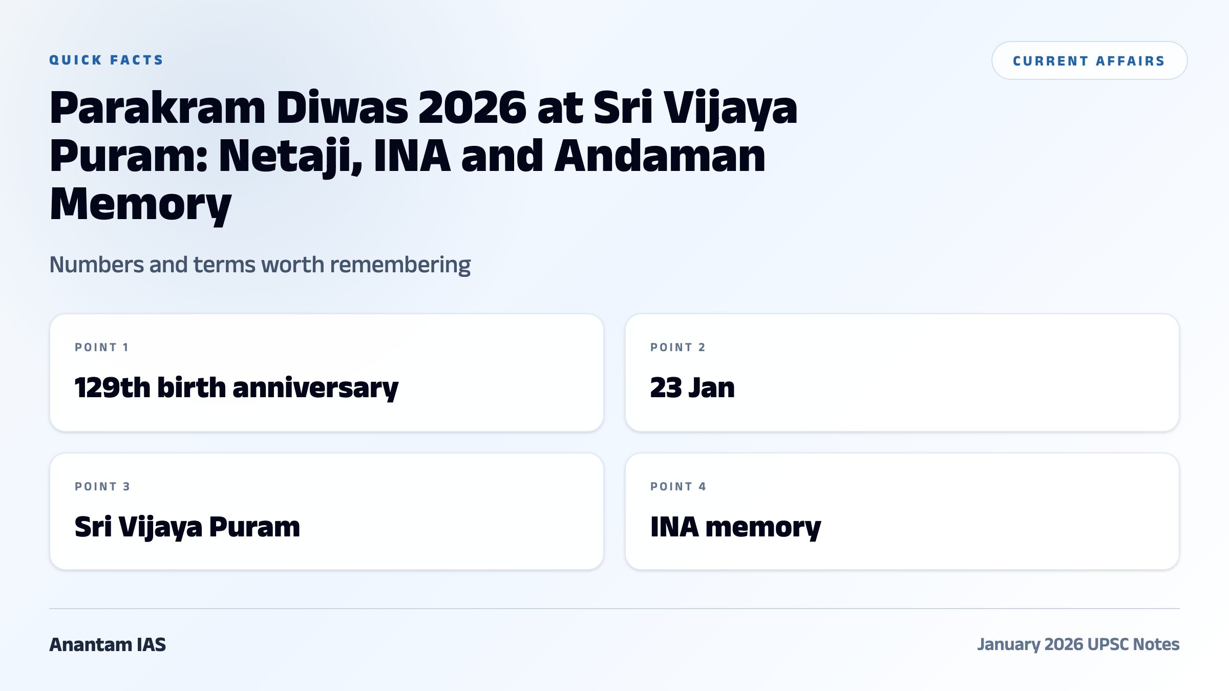 Parakram Diwas 2026 at Sri Vijaya Puram: Netaji, INA and Andaman Memory quick facts