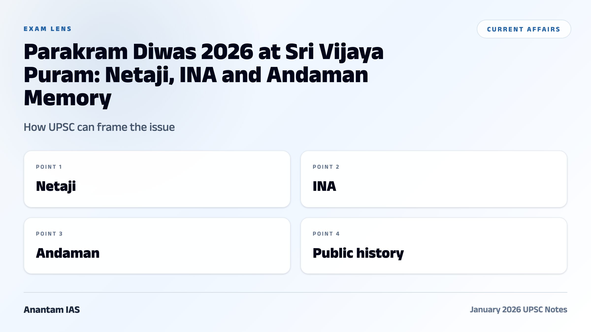 Parakram Diwas 2026 at Sri Vijaya Puram: Netaji, INA and Andaman Memory exam framework