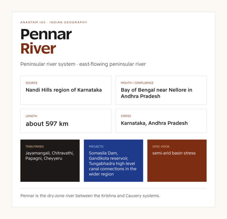 Pennar River UPSC fact card with origin, course, tributaries and basin notes