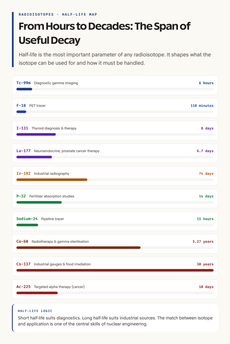 Half-Life Map: Common Medical and Industrial Radioisotopes Compared