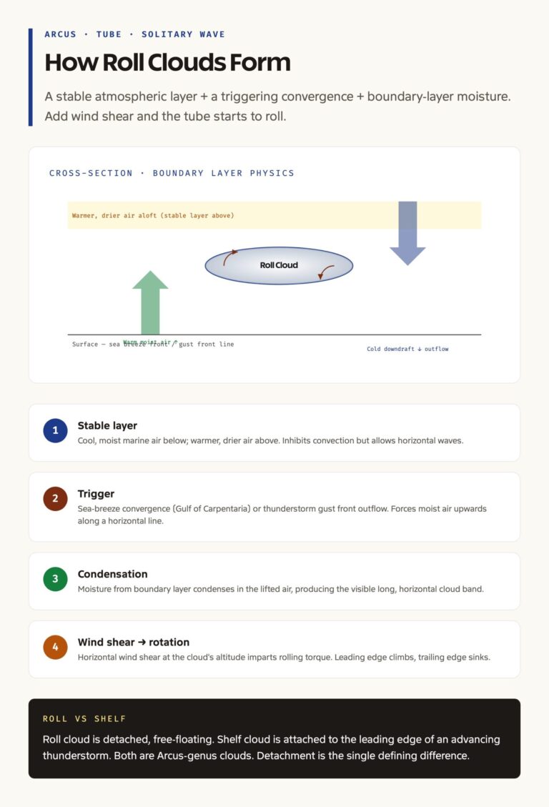 Roll cloud formation diagram with cold downdraft and warm air uplift