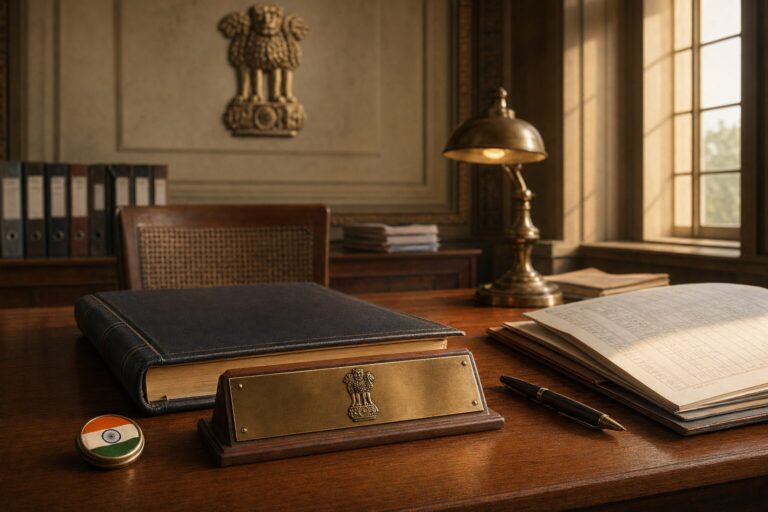 SDM office in India — wooden government desk with revenue register, fountain pen, brass desk lamp and Ashoka emblem on the wall in soft focus.