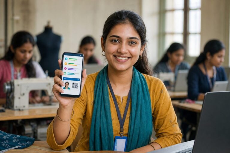 A young Indian learner in a training centre holding a smartphone showing the Skill India Digital Hub app, with a QR-based digital ID visible on screen.