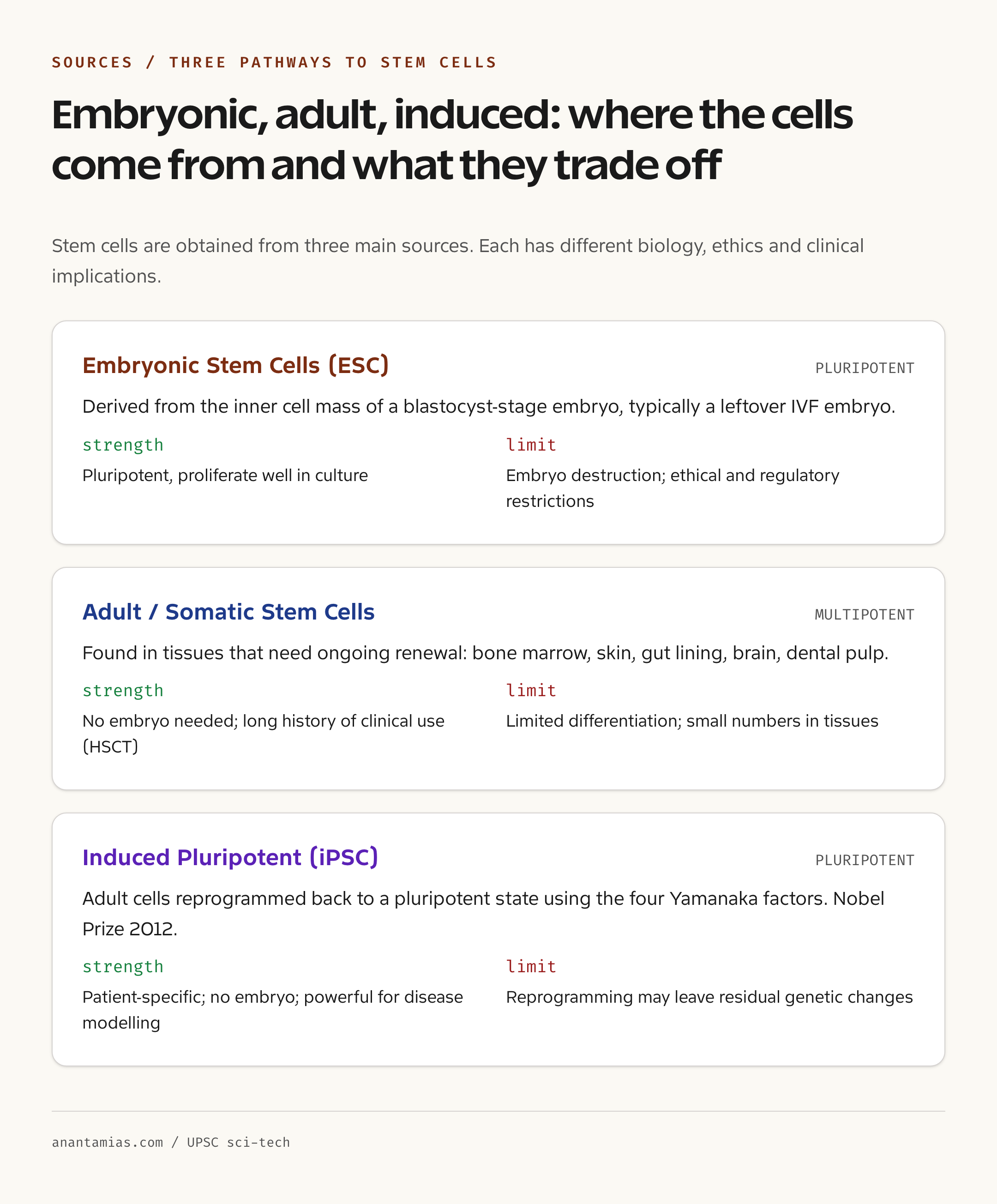 Three sources of stem cells compared: embryonic, adult, induced pluripotent (iPSC)