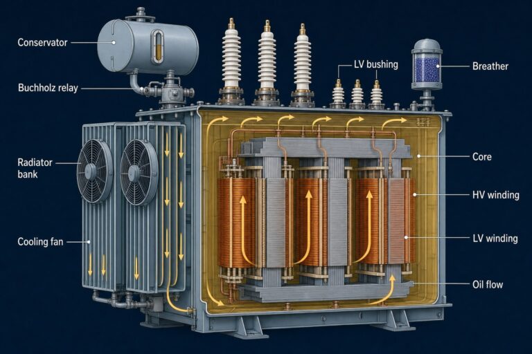 Cutaway diagram of a power transformer showing core, windings, oil flow, radiator banks, conservator, Buchholz relay, breather, and bushings