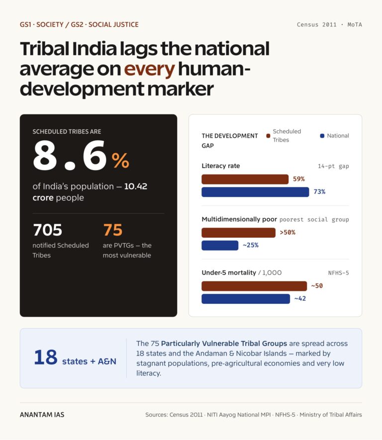 Tribal India lags the national average on every human-development marker