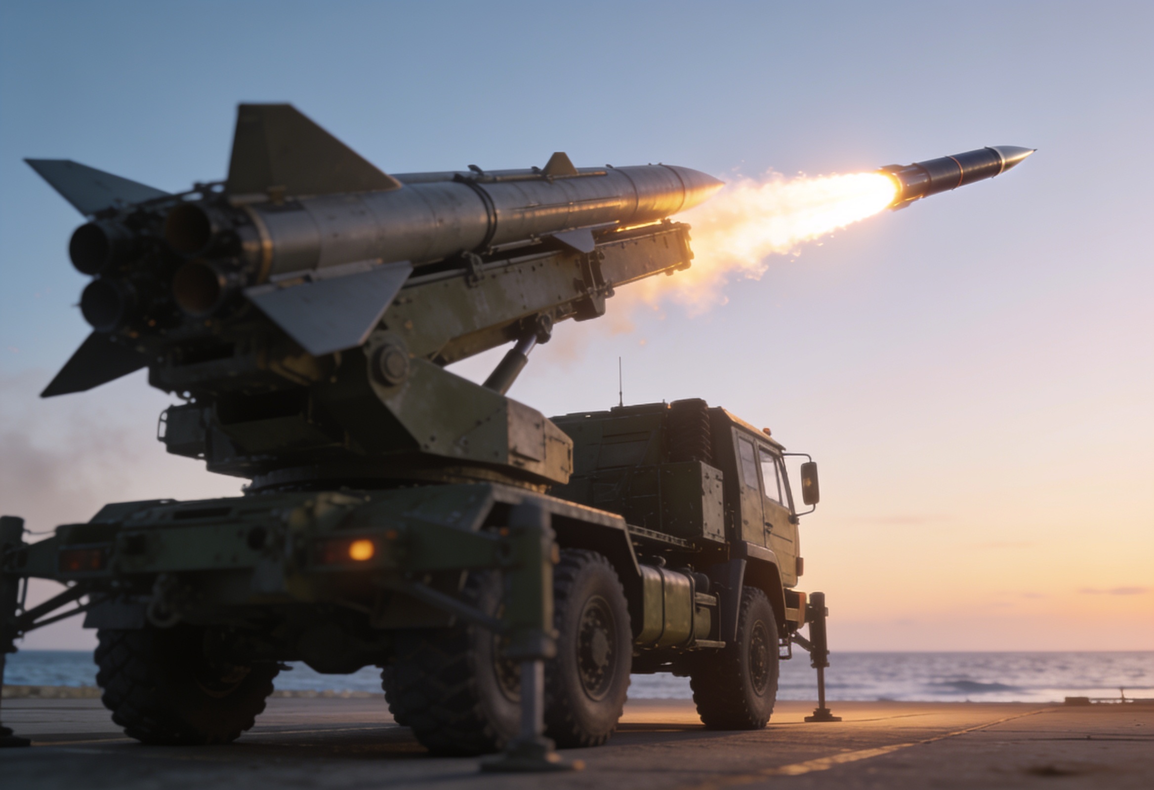 Illustration of a surface-to-air missile launching from a mobile launcher at a coastal test range