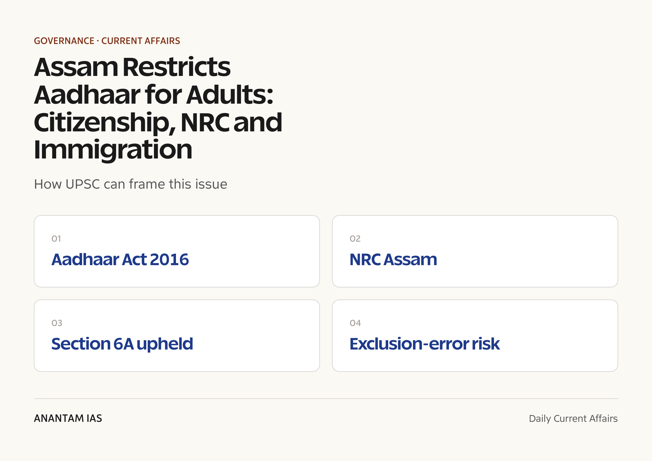 Assam Restricts Aadhaar for Adults: Citizenship, NRC and Immigration — exam lens