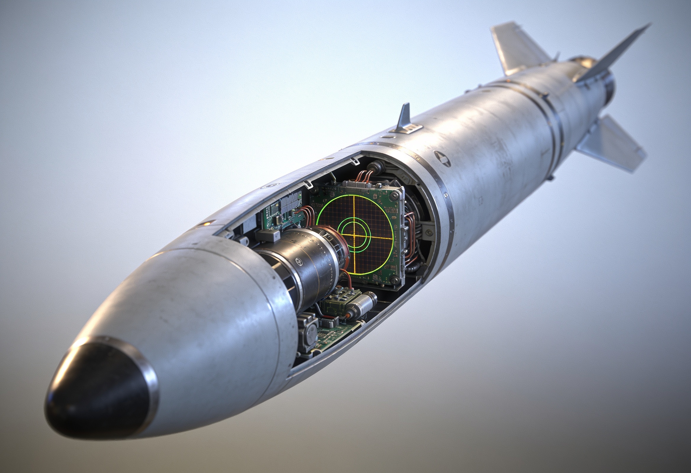 Clean studio render of a beyond-visual-range air-to-air missile highlighting its nose-cone radar seeker