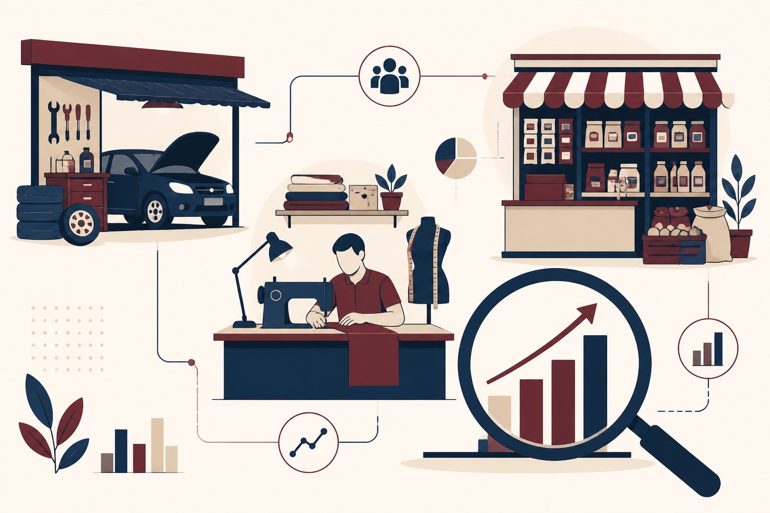 Illustration of small informal businesses linked by data and chart motifs under a magnifying glass examining a bar chart