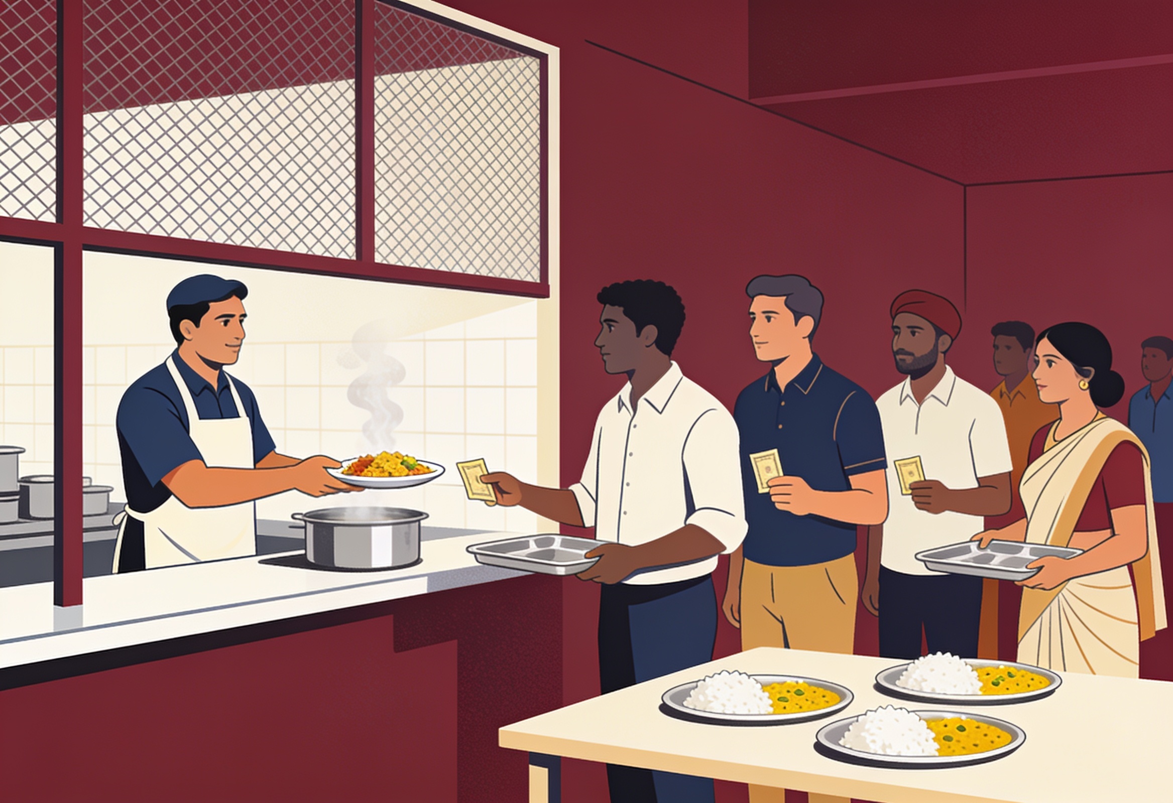 Illustration of workers being served subsidised meals at a community canteen counter