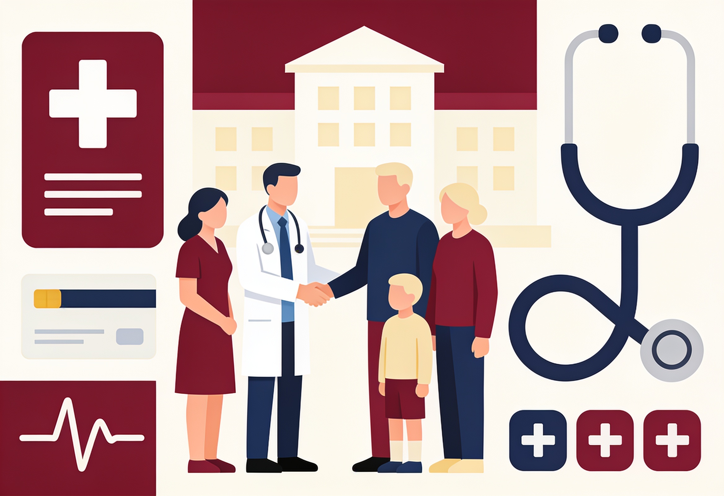 Flat illustration of a community health clinic with a family, a health card, a stethoscope and a heartbeat line