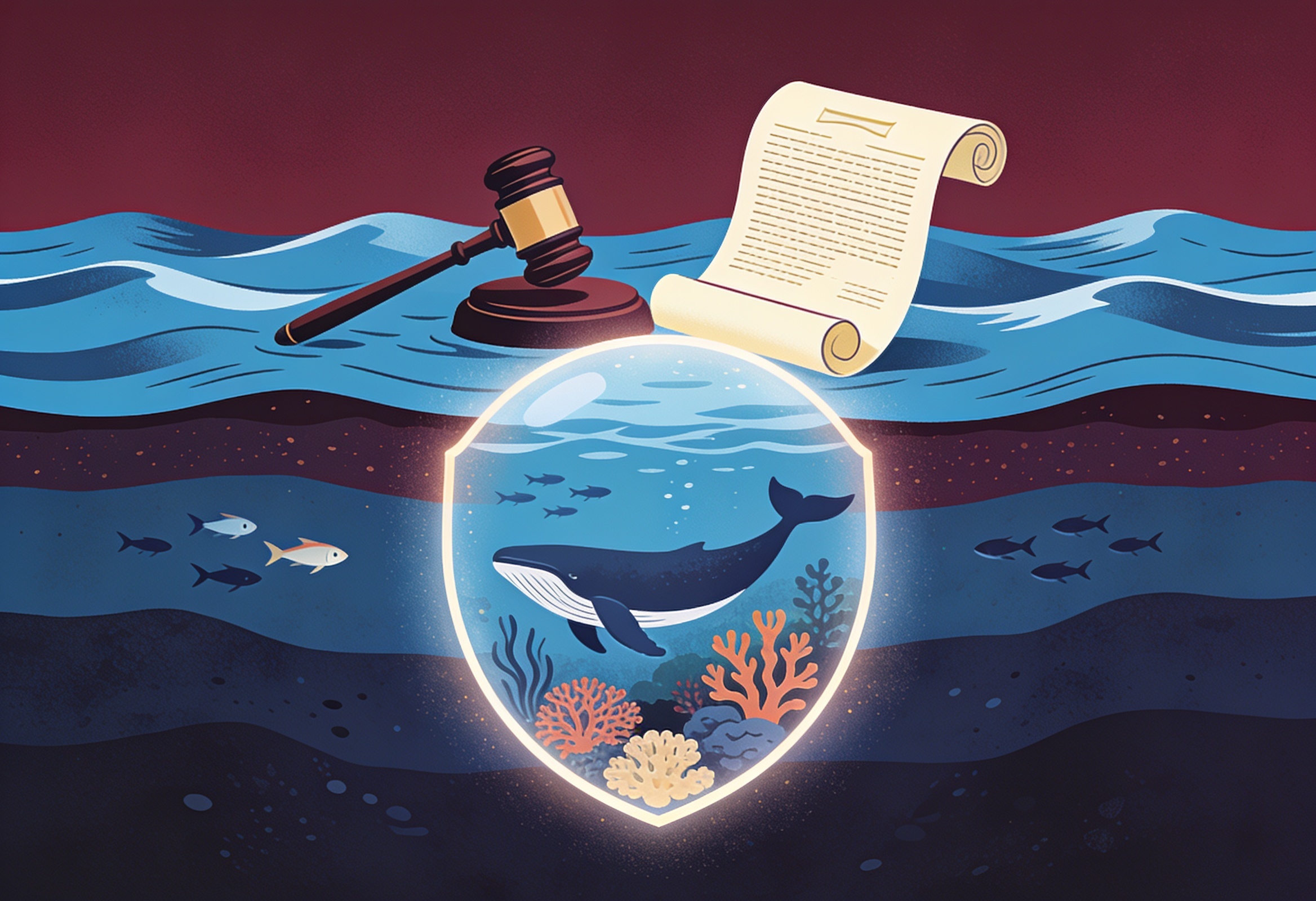 Illustration of ocean life inside a protective boundary beneath a gavel and treaty scroll