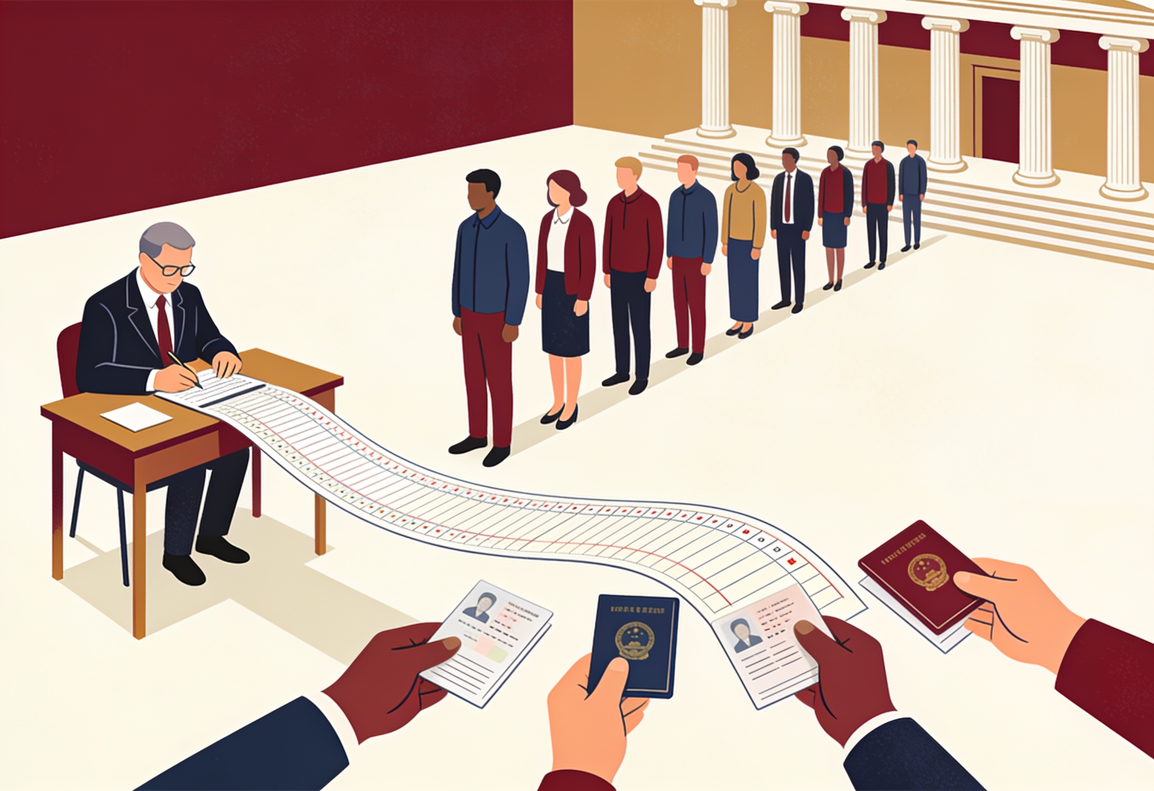 Illustration of an election official checking a voter ledger as citizens in a queue hold out identity documents, with courtroom columns behind.