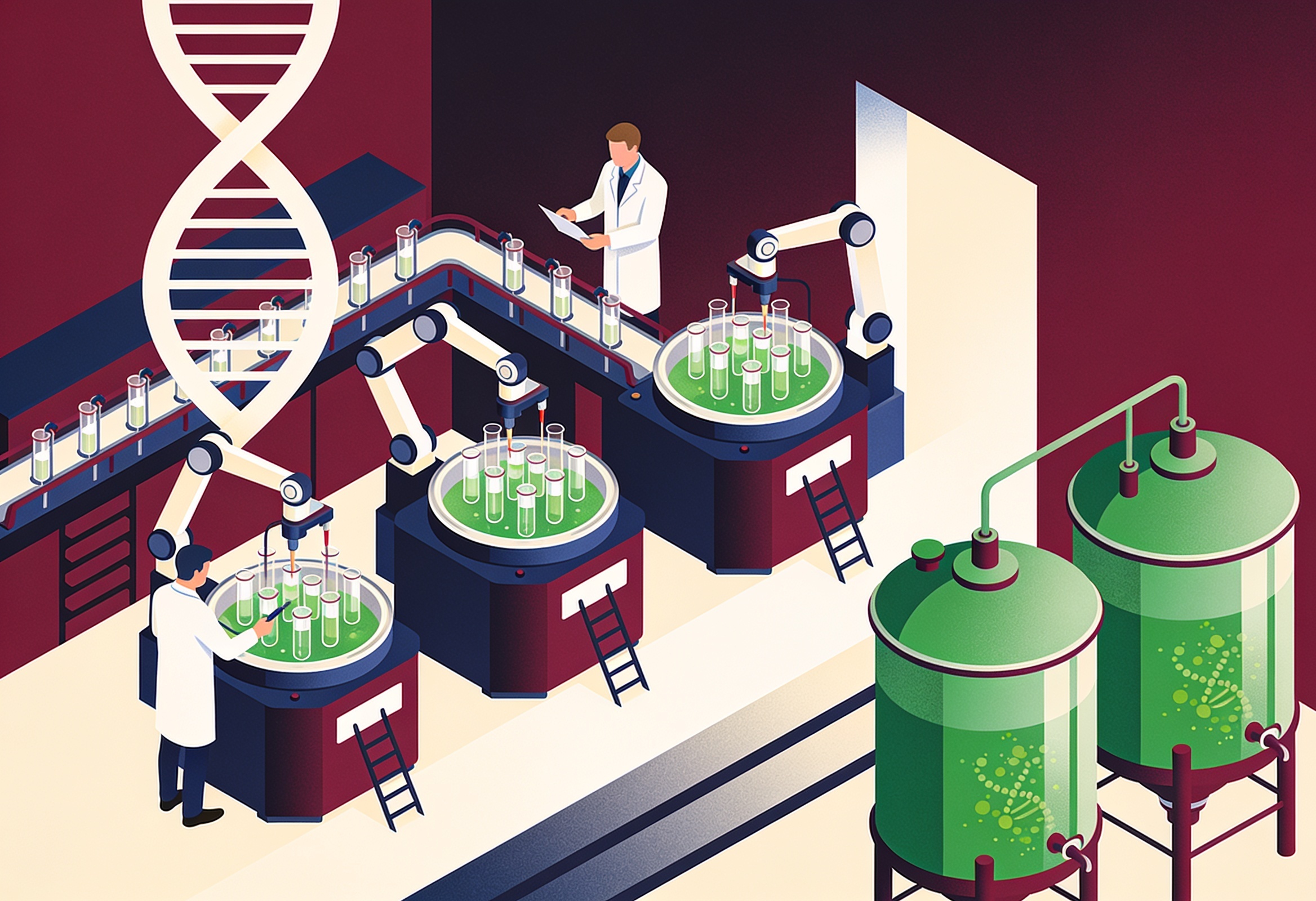 Illustration of a biotechnology lab with bioreactors, automated biofoundry equipment and DNA motifs representing biomanufacturing