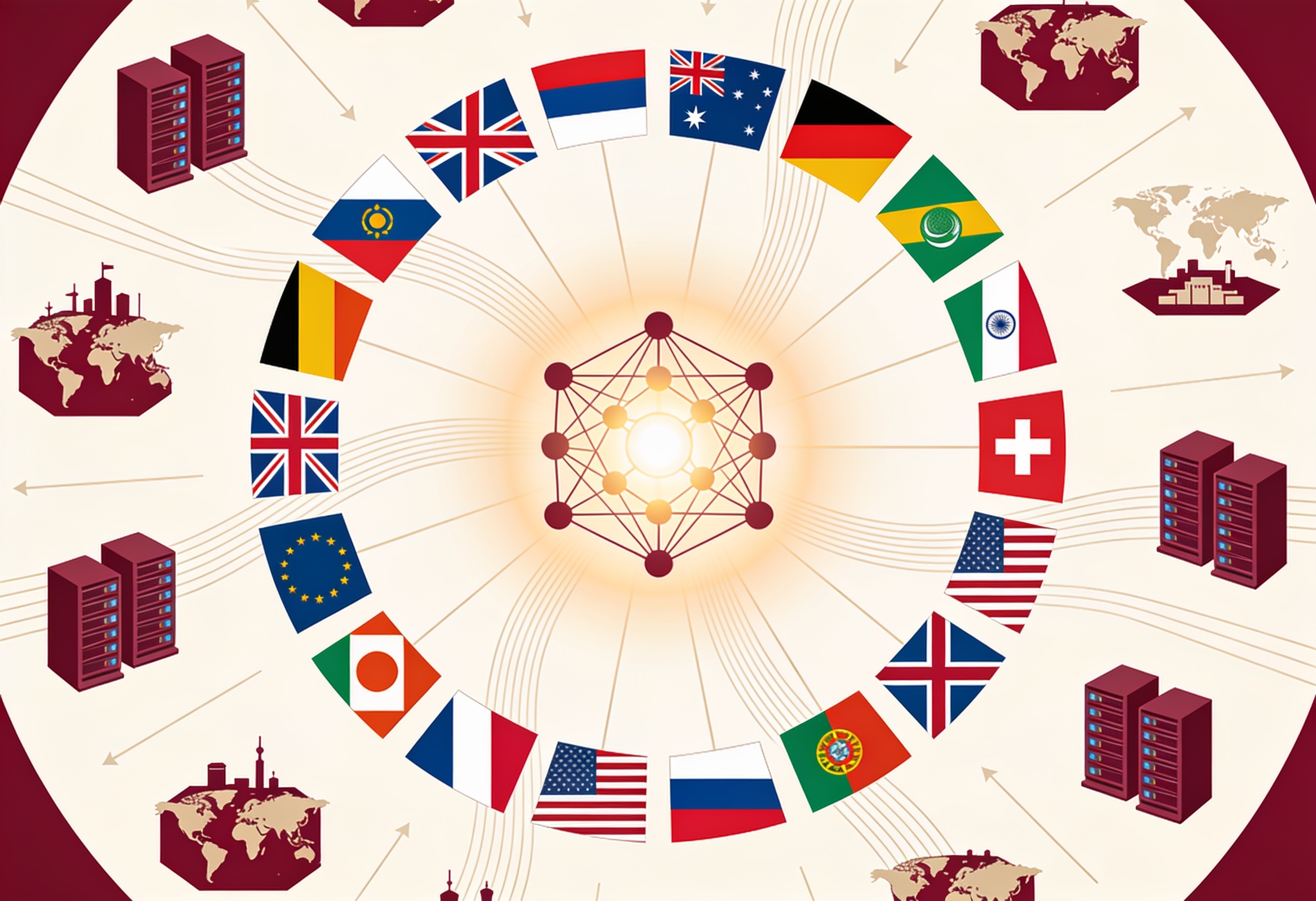 Editorial illustration of many nations connected to a shared central AI network
