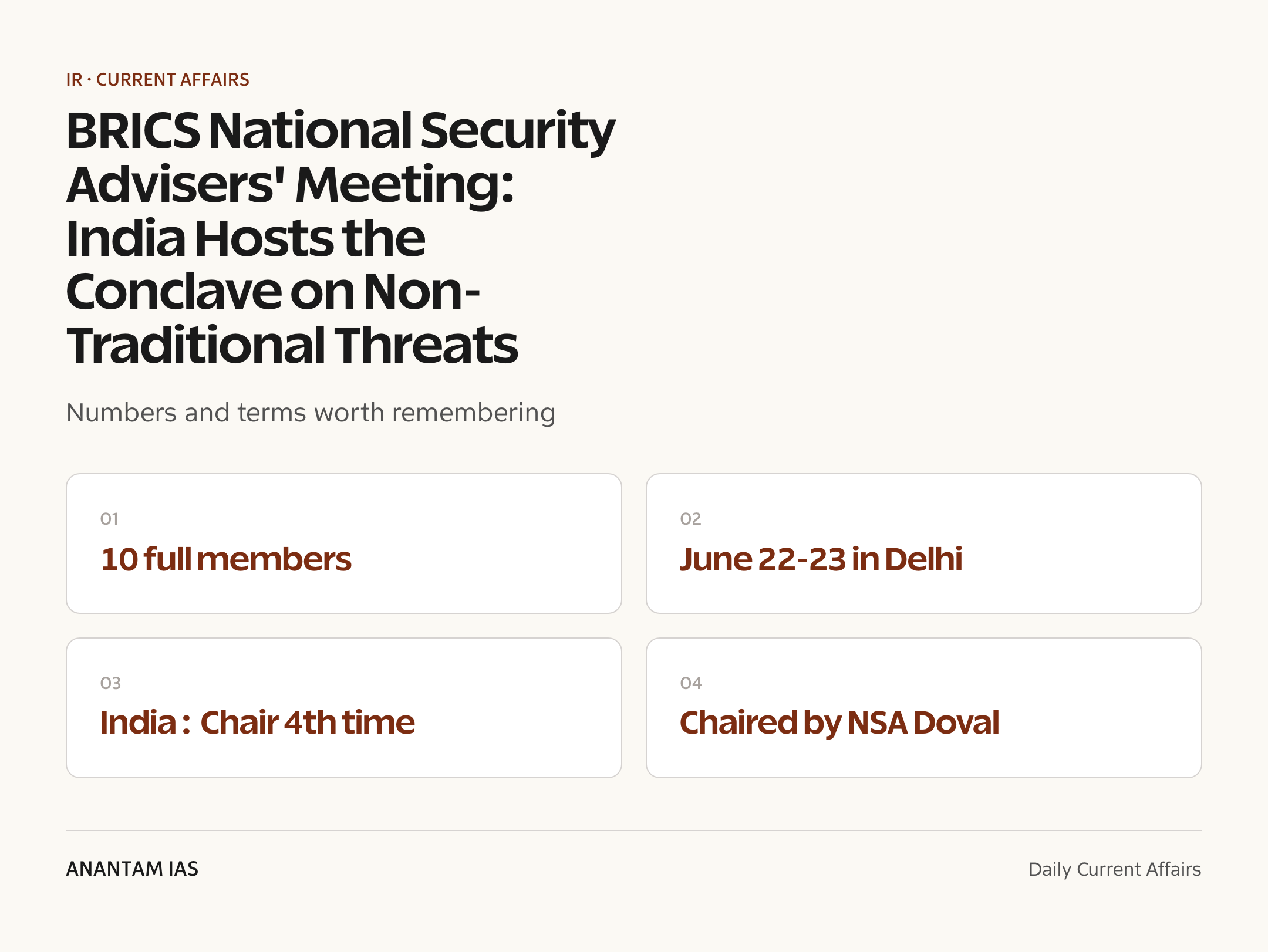 BRICS National Security Advisers' Meeting: India Hosts the Conclave on Non-Traditional Threats — quick facts