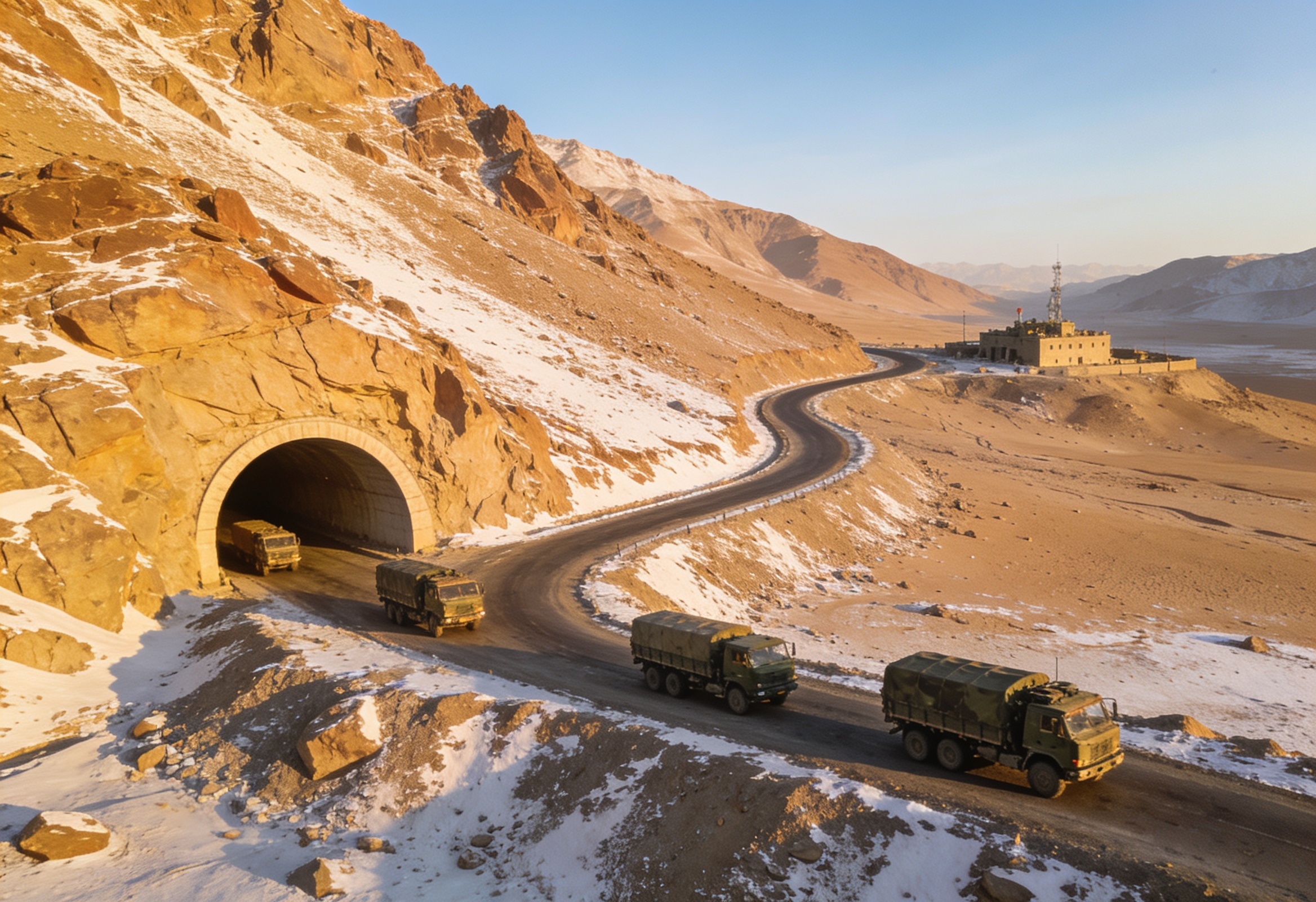 Aerial view of a high-altitude mountain road and tunnel portal in a snowy cold-desert landscape with trucks moving toward a remote outpost