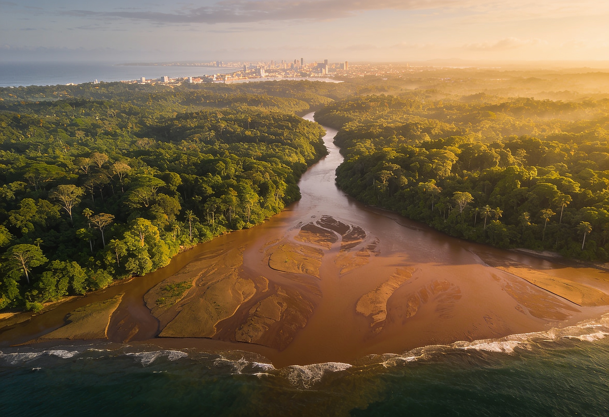Aerial view of a tropical rainforest and a wide river delta beside a riverside city