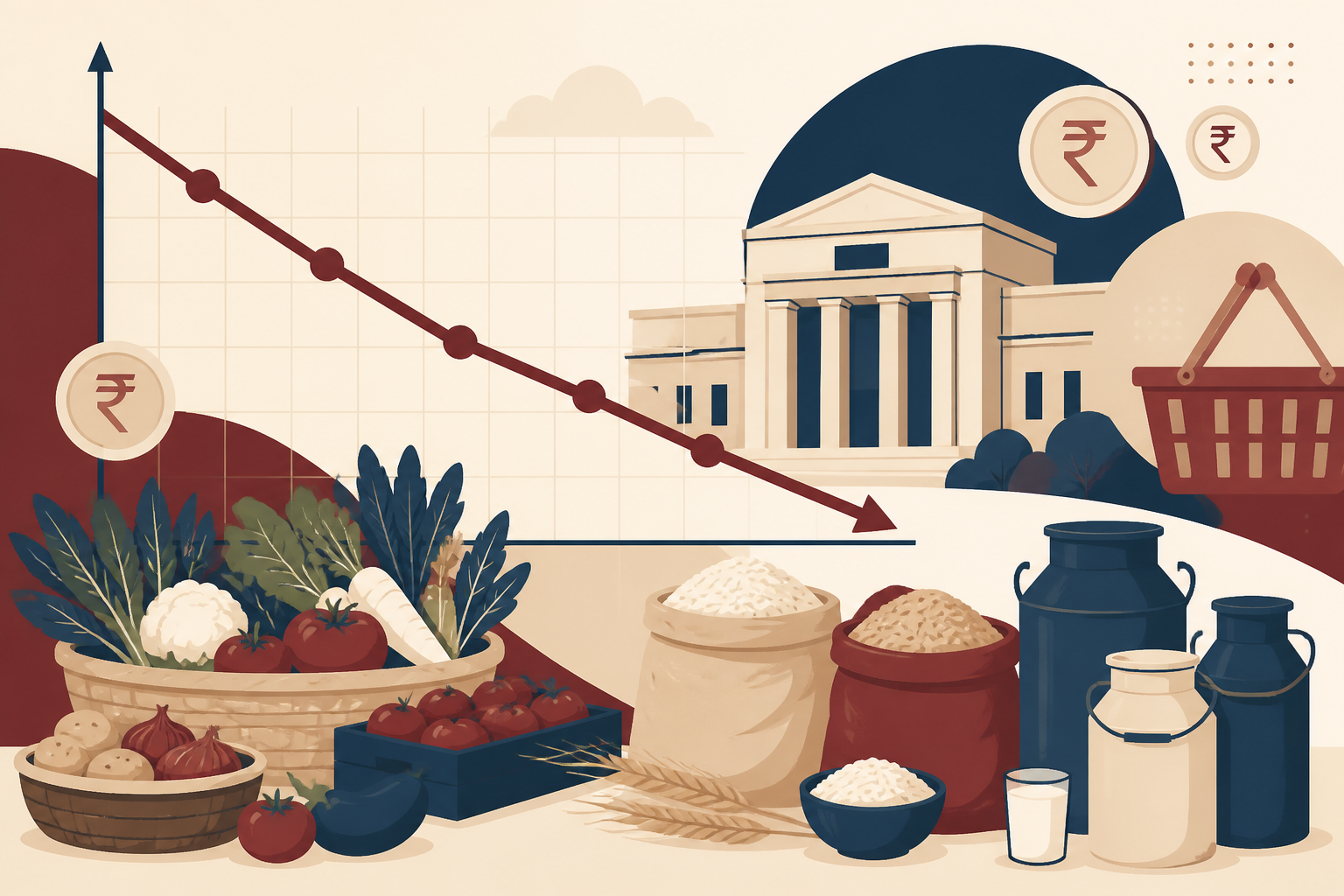 Illustration of a falling price chart over a market scene of vegetables, grain and milk, with a central bank building in the background.
