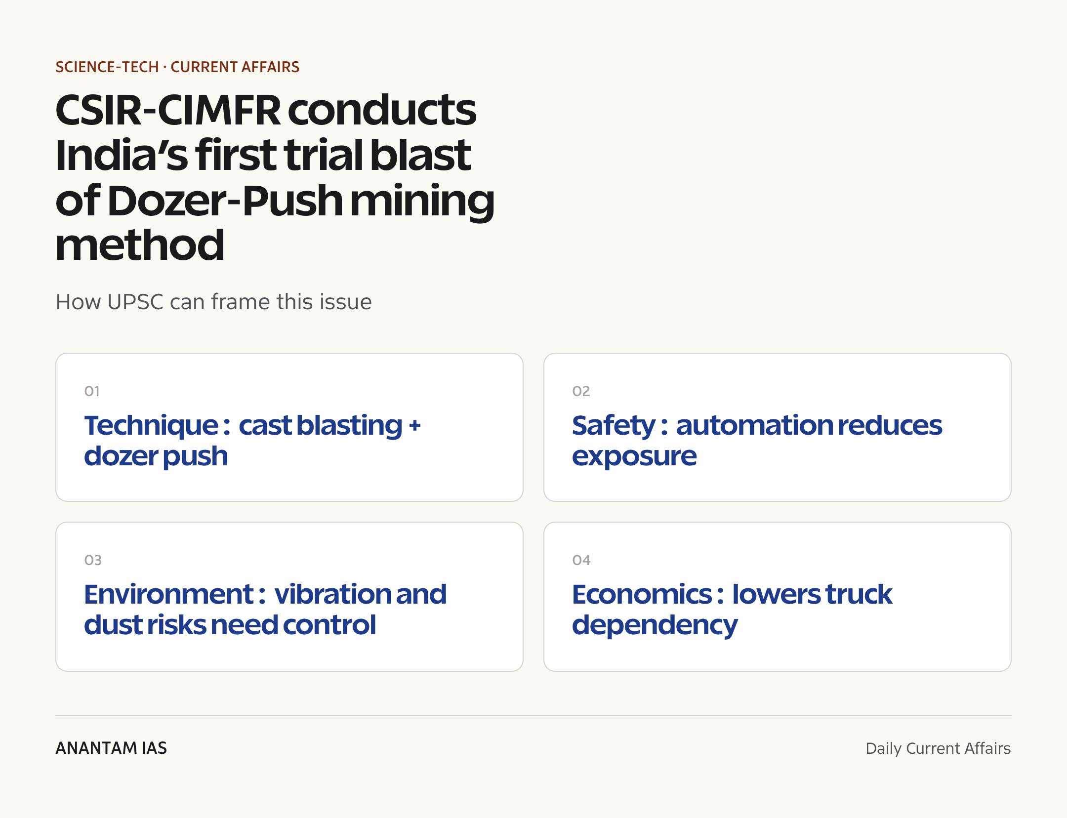 CSIR‑CIMFR conducts India’s first trial blast of Dozer‑Push mining method — exam lens