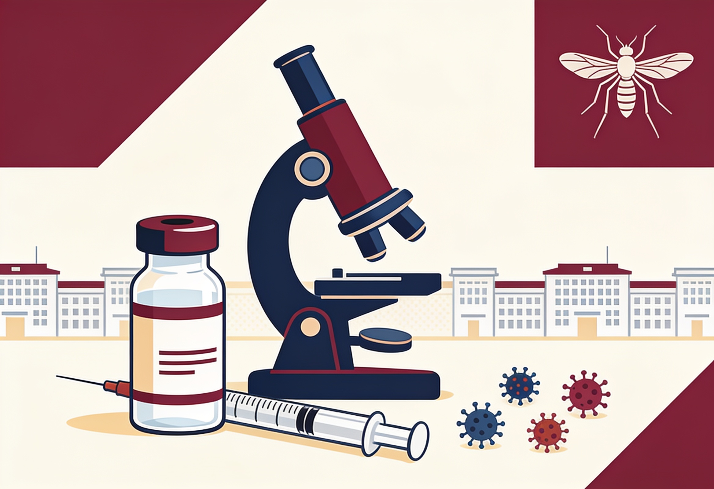 Editorial illustration of a single-shot dengue vaccine vial, four virus icons and clinical-trial centres