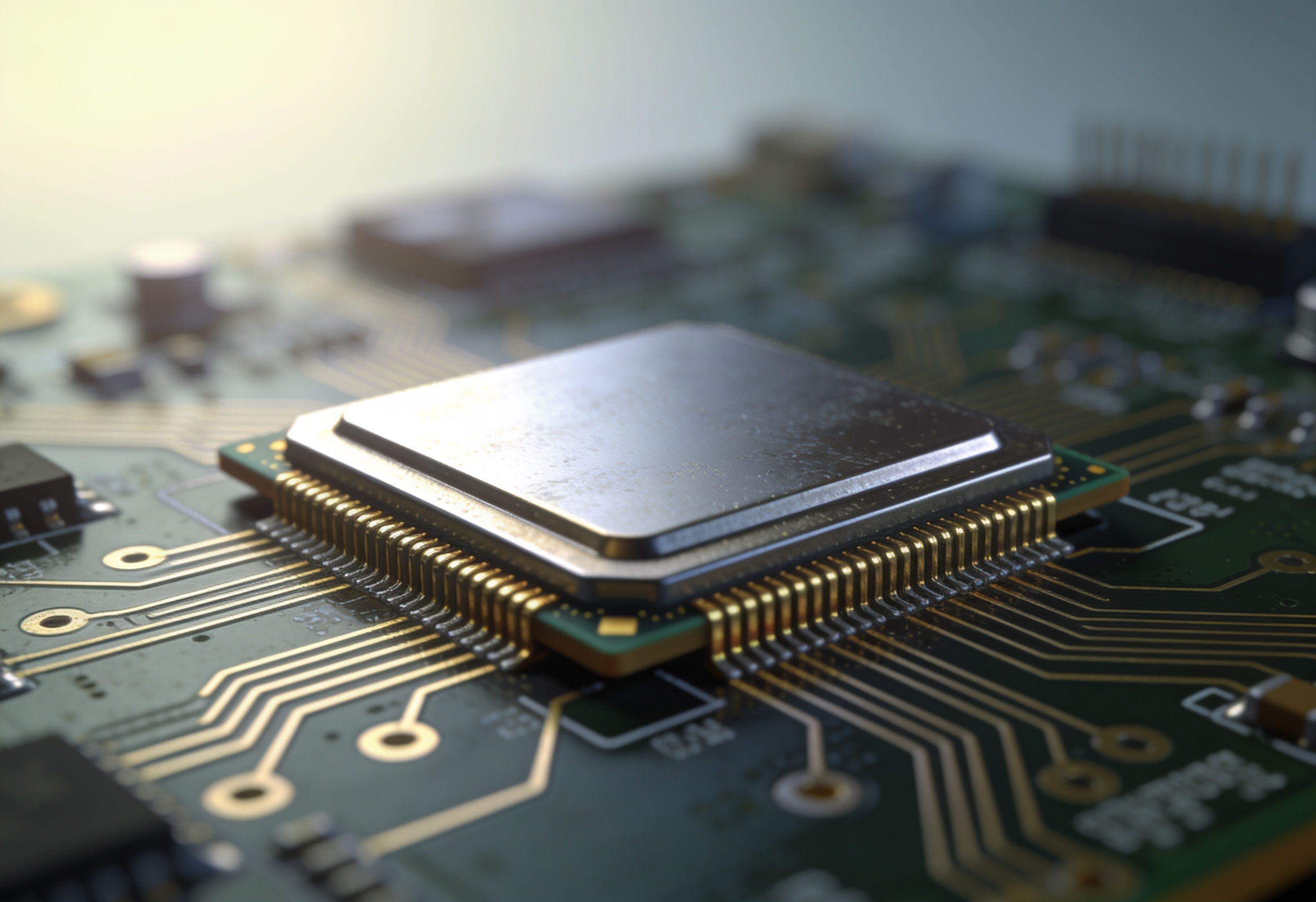 Close-up render of a semiconductor microchip on a circuit board