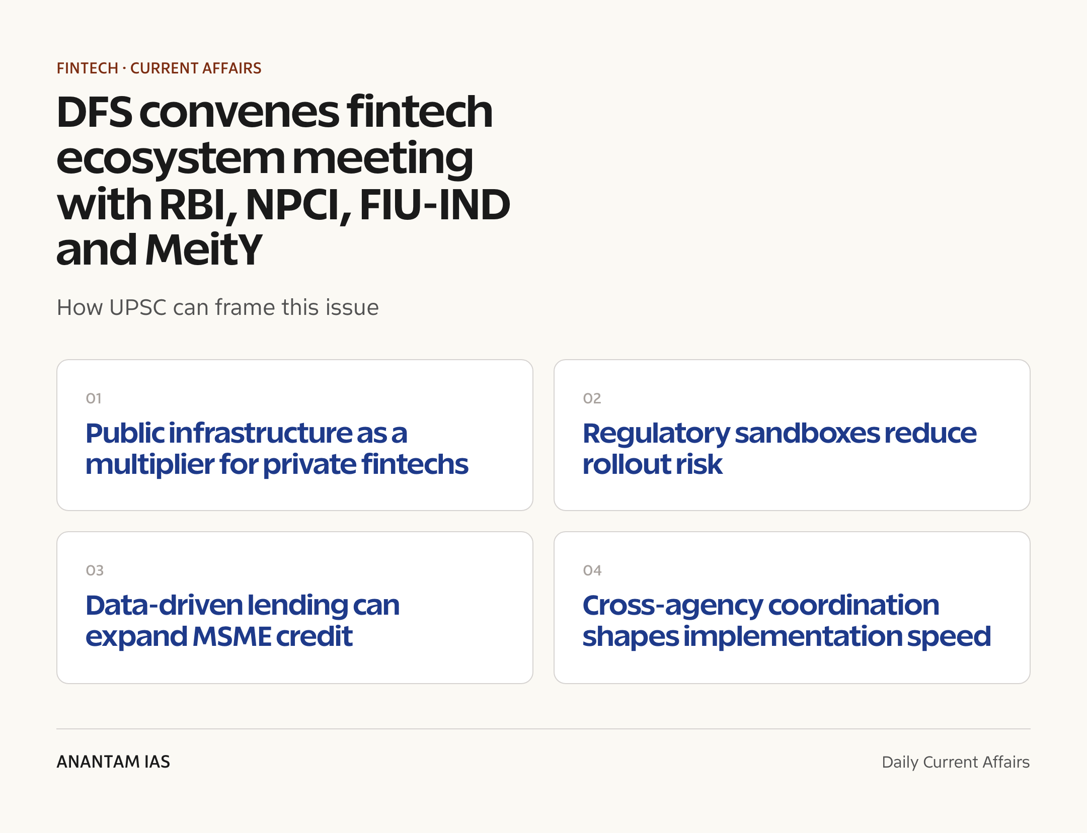 DFS convenes fintech ecosystem meeting with RBI, NPCI, FIU-IND and MeitY — exam lens