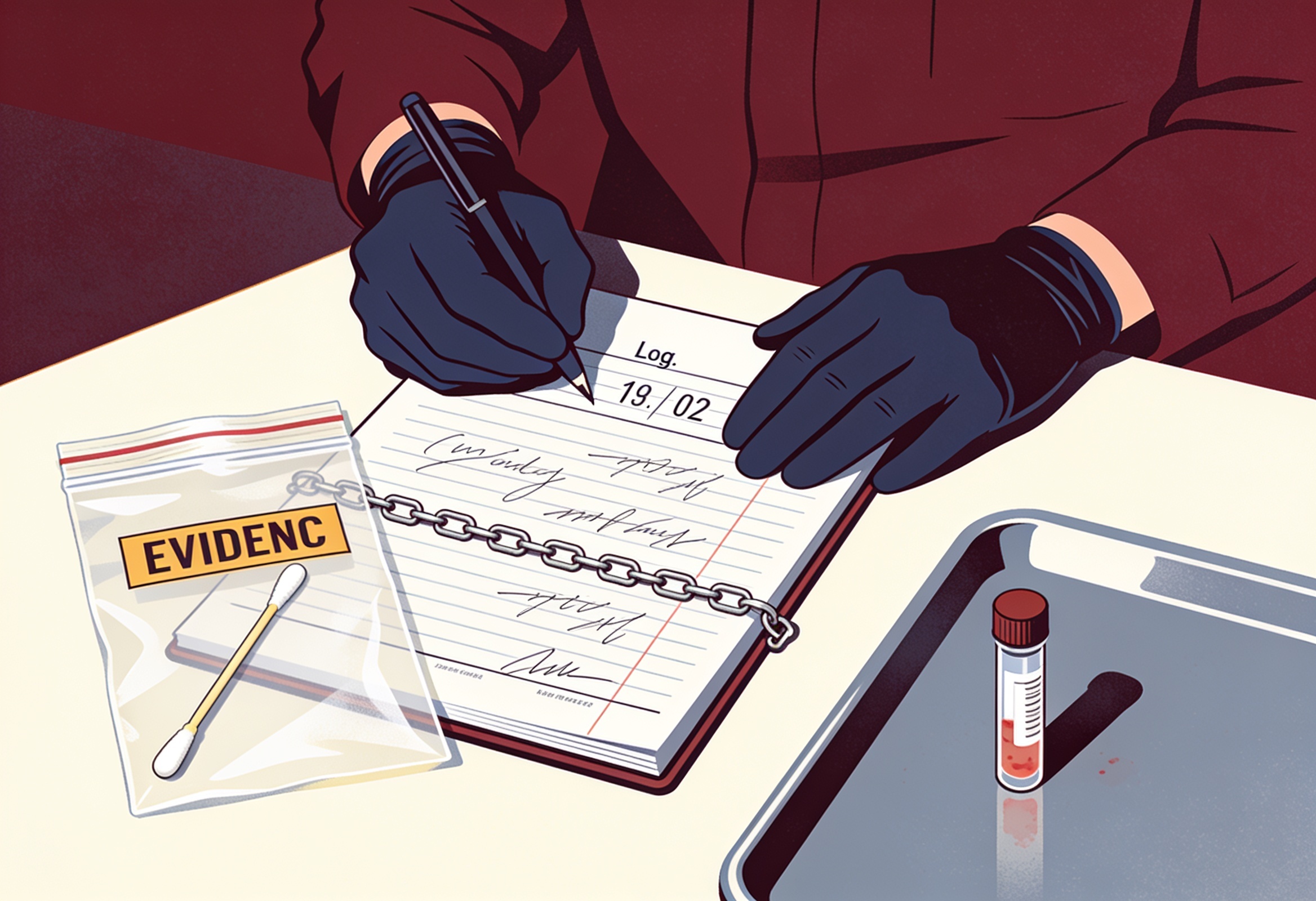 Illustration of a sealed forensic evidence bag with a swab beside a chain-of-custody logbook and a sample vial on a tray.