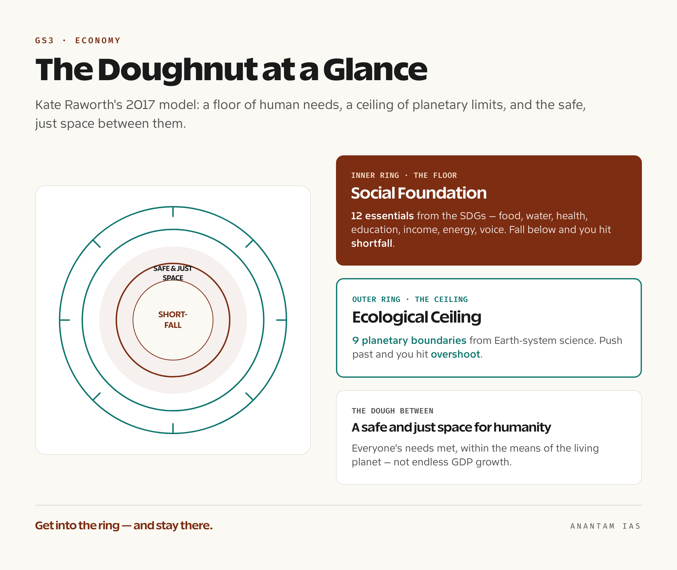 A diagram of the doughnut showing the inner ring of twelve social-foundation essentials, the outer ring of nine planetary boundaries, and the safe and just space for humanity in between