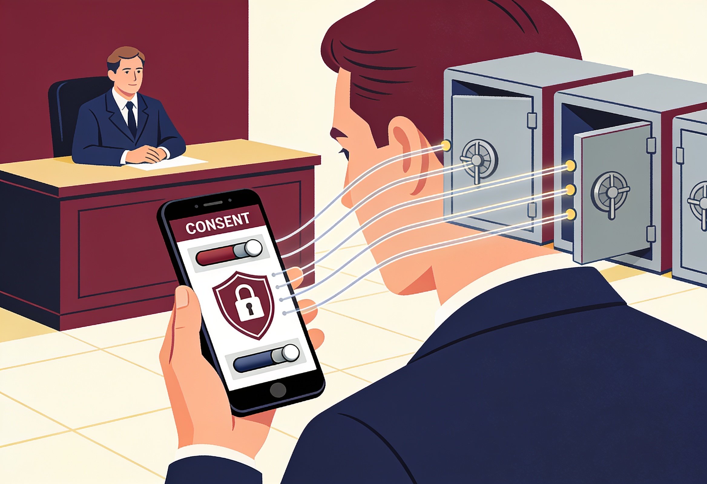 Illustration of a person managing data-sharing consent toggles with a shield and lock symbolising privacy protection.