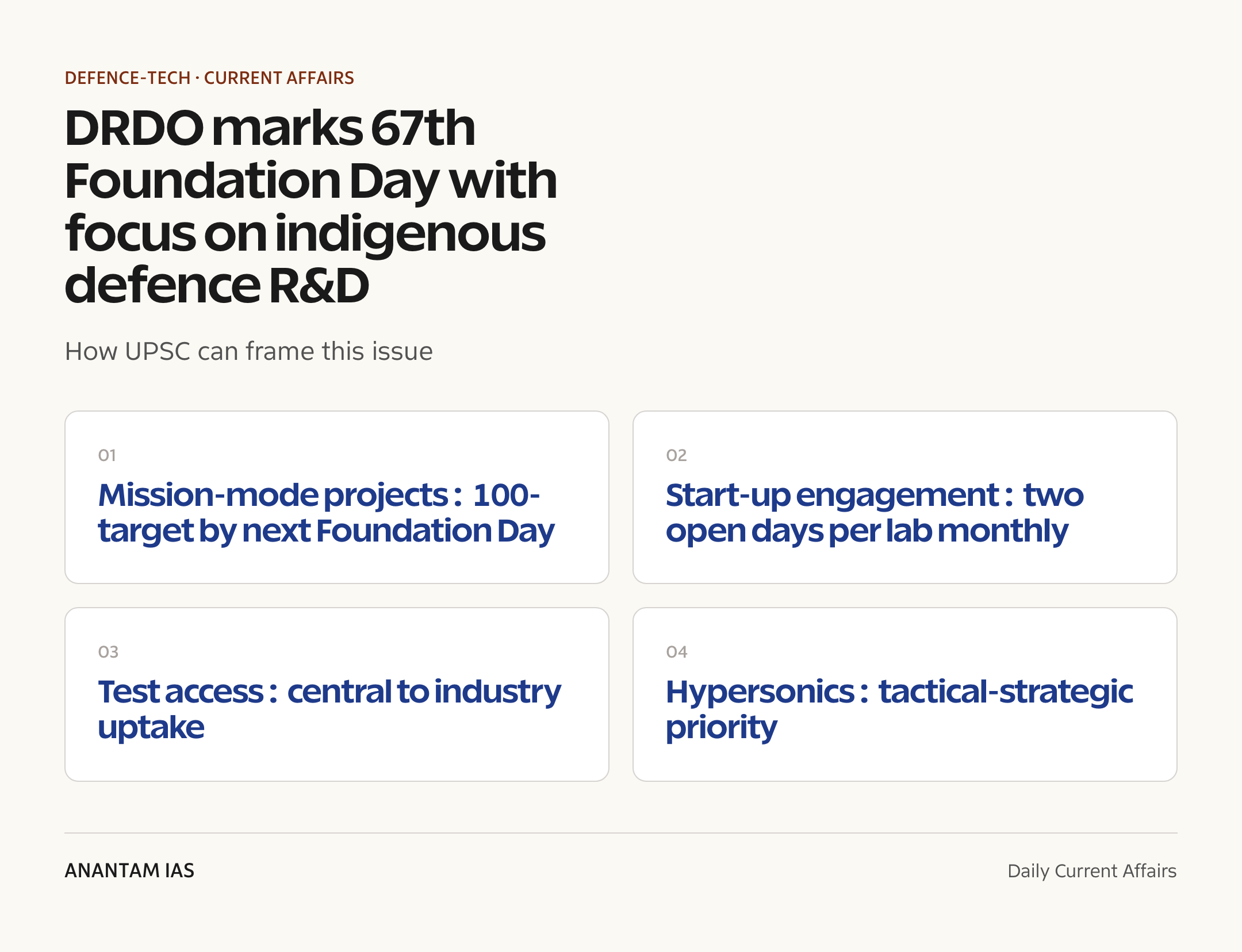 DRDO marks 67th Foundation Day with focus on indigenous defence R&D — exam lens