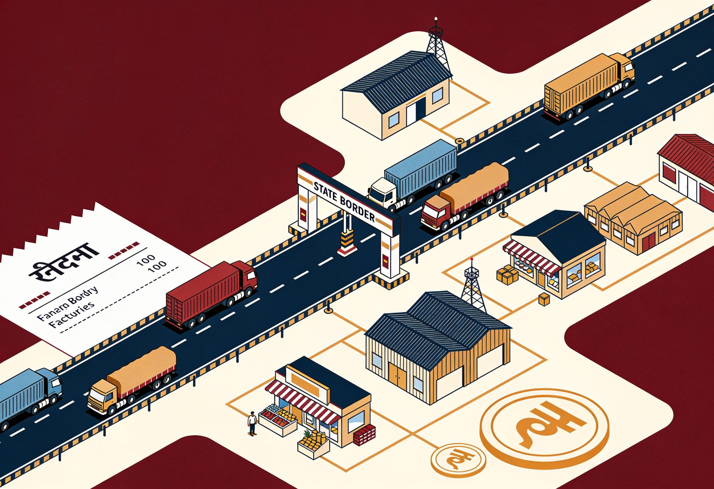 Illustration of cargo trucks moving freely along a single highway past disused border check-posts, linking shops and factories into one market.