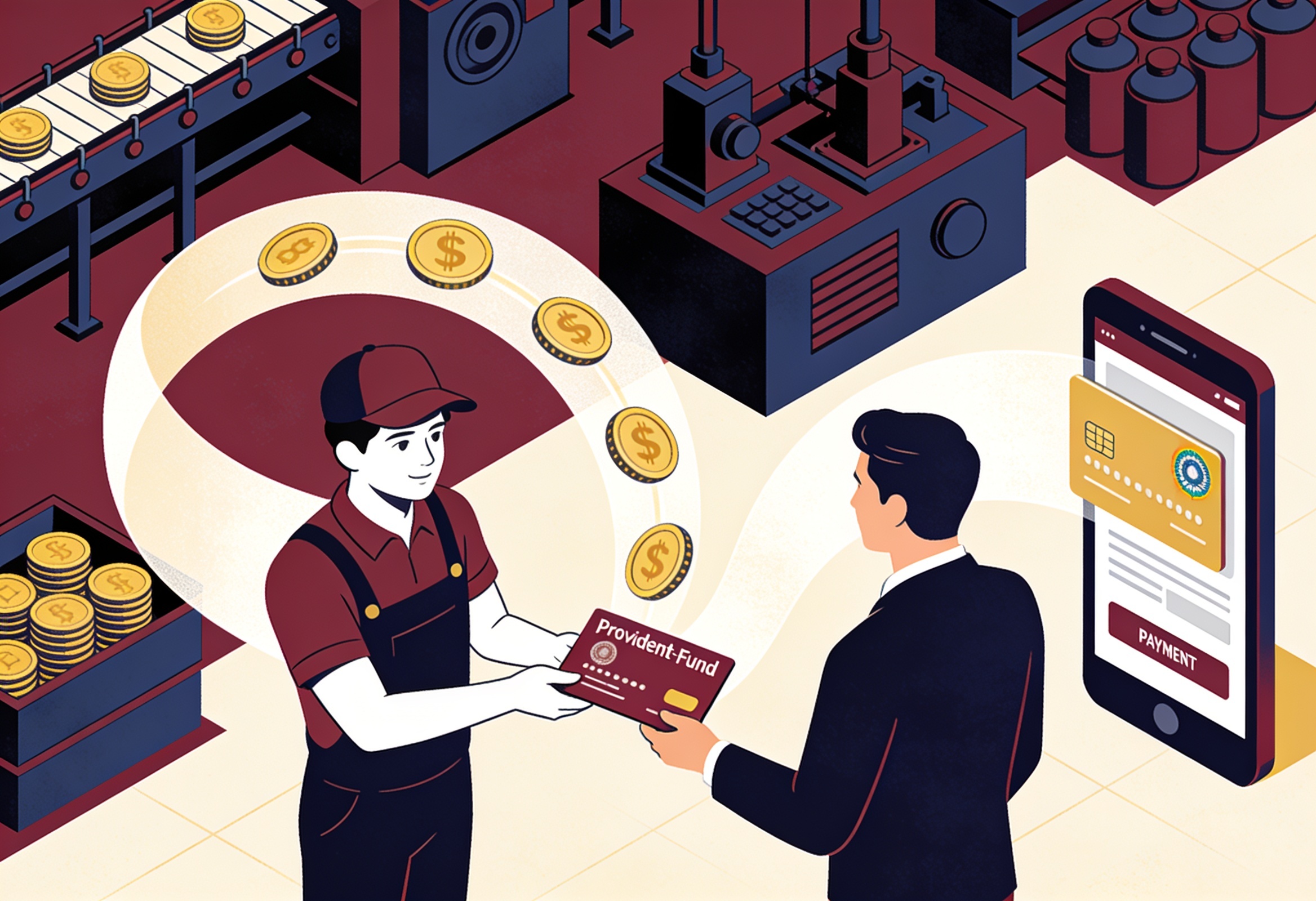 Editorial illustration of a new worker, an employer and a provident-fund link representing an employment incentive scheme