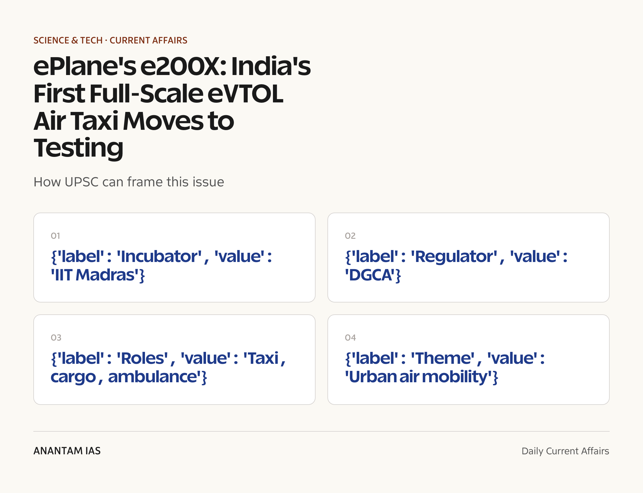 ePlane's e200X: India's First Full-Scale eVTOL Air Taxi Moves to Testing — exam lens