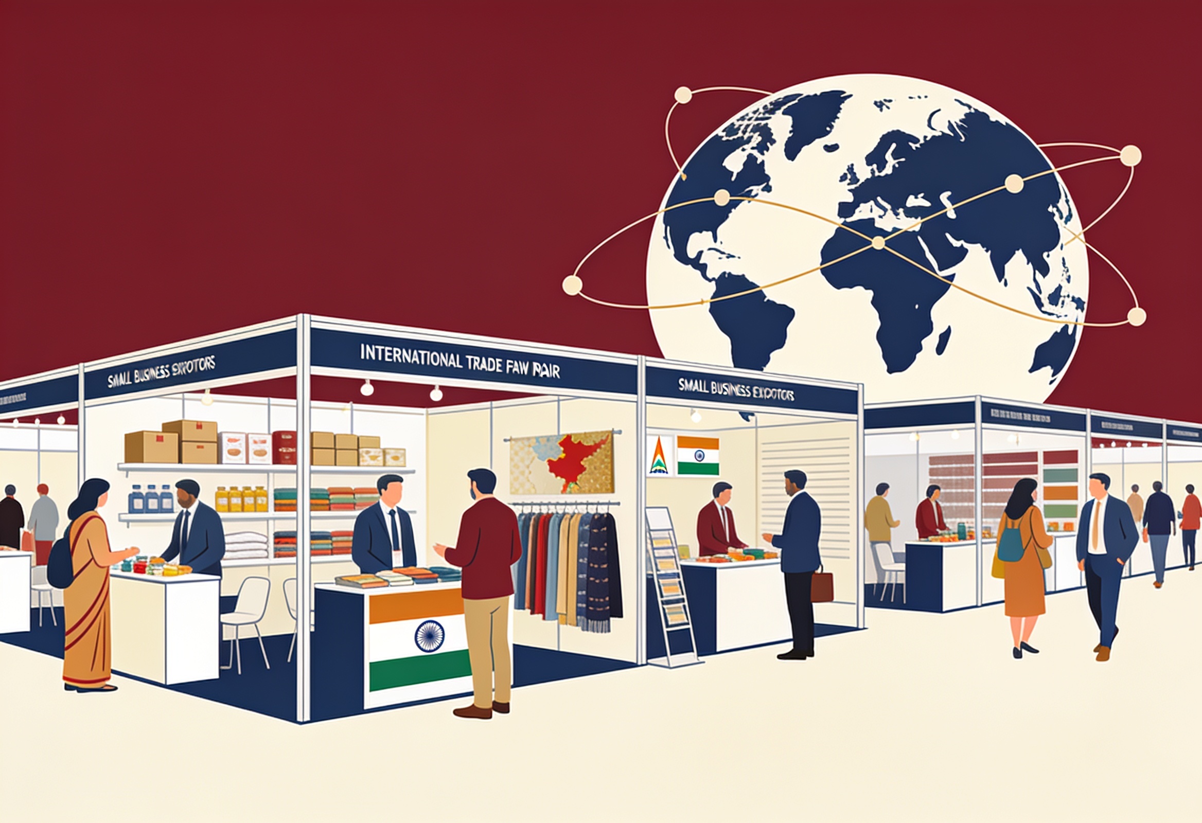 Illustration of exporters meeting overseas buyers at an international trade fair pavilion connected to global markets