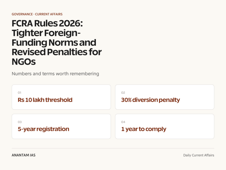 FCRA Rules 2026: Tighter Foreign-Funding Norms and Revised Penalties for NGOs graphic 1 for UPSC current affairs