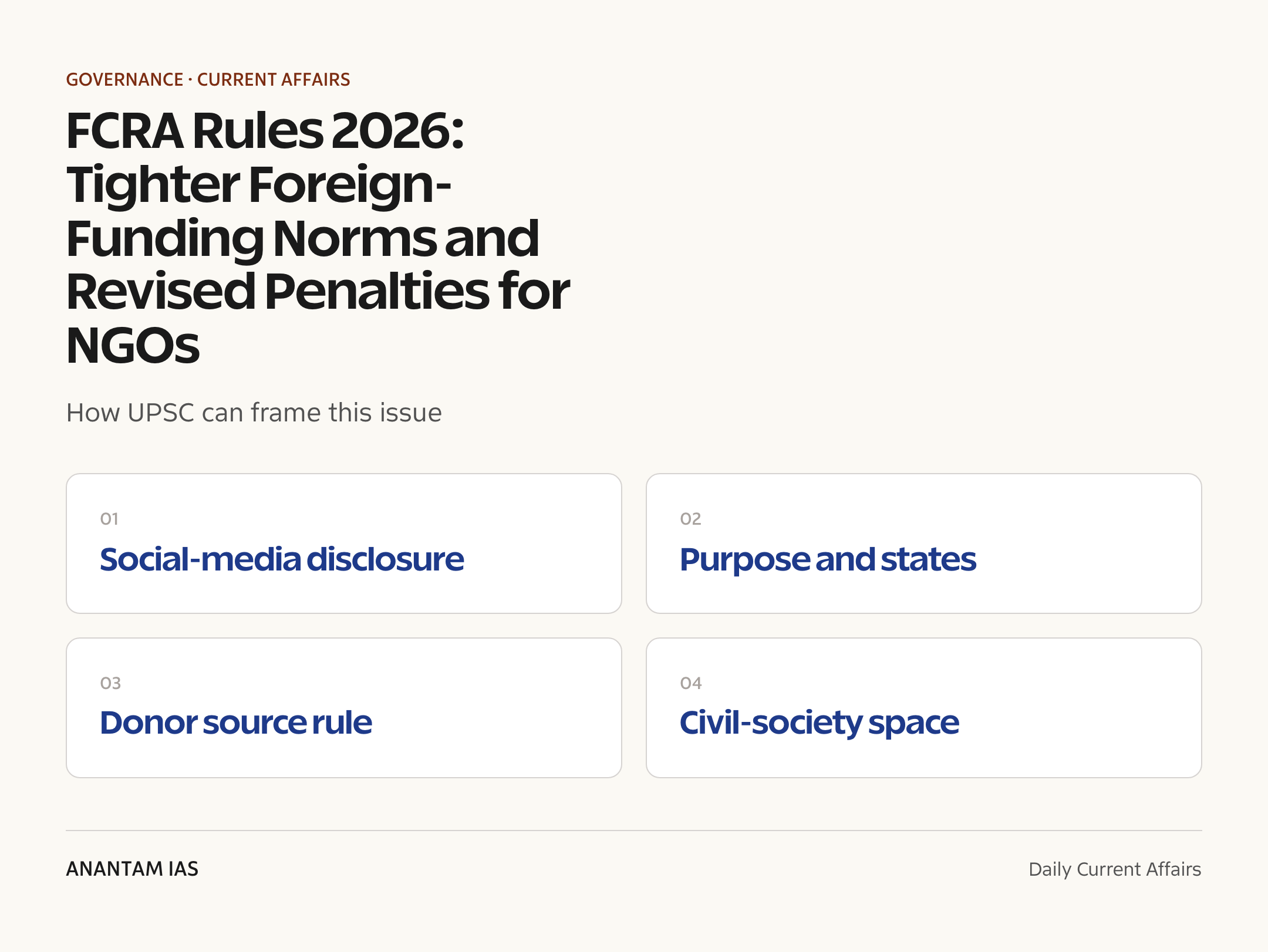 FCRA Rules 2026: Tighter Foreign-Funding Norms and Revised Penalties for NGOs — exam lens