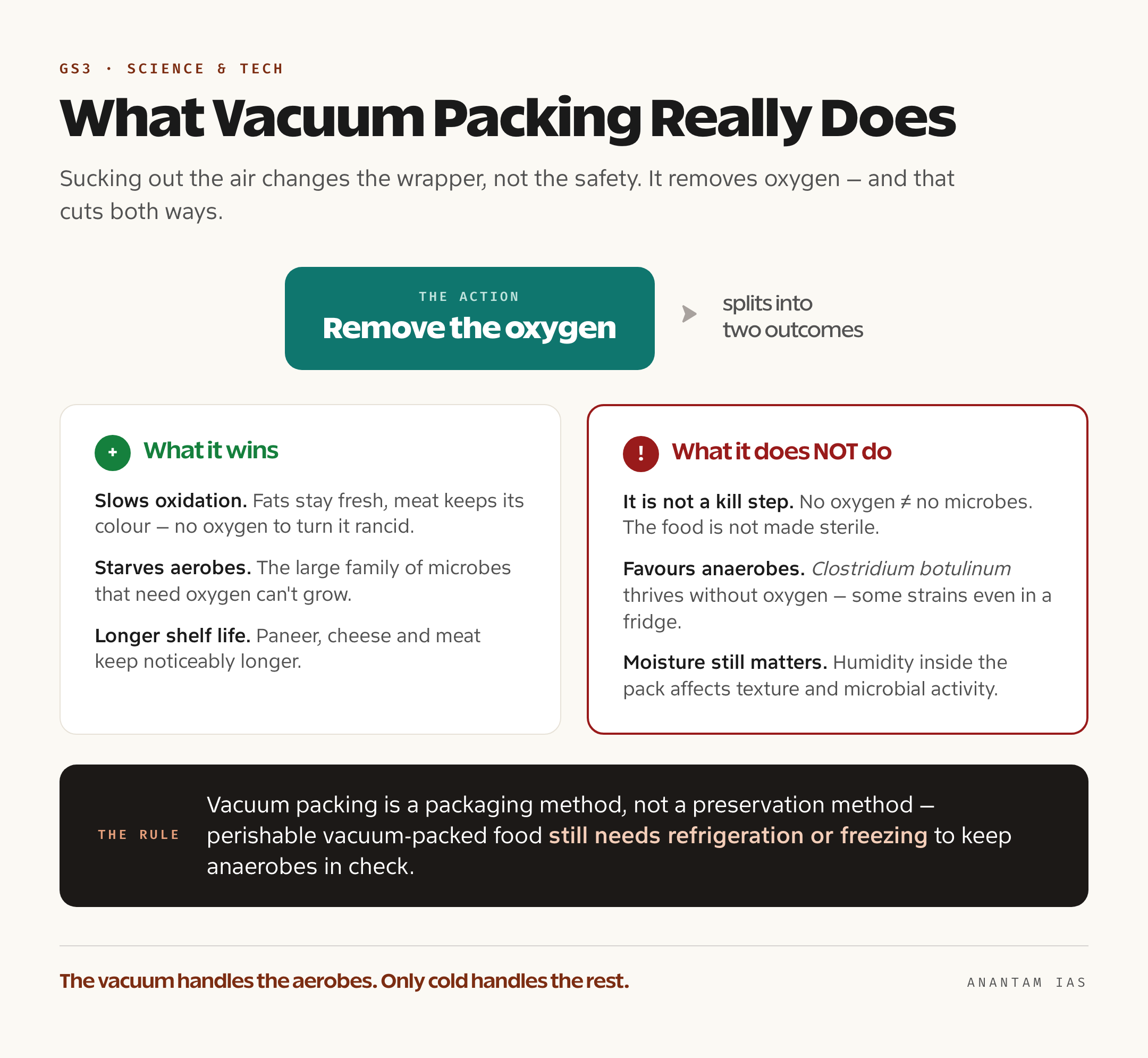 A diagram showing what vacuum packing actually does — removing oxygen to slow oxidation and aerobic spoilage, while anaerobic bacteria such as Clostridium can still grow, which is why refrigeration is still required