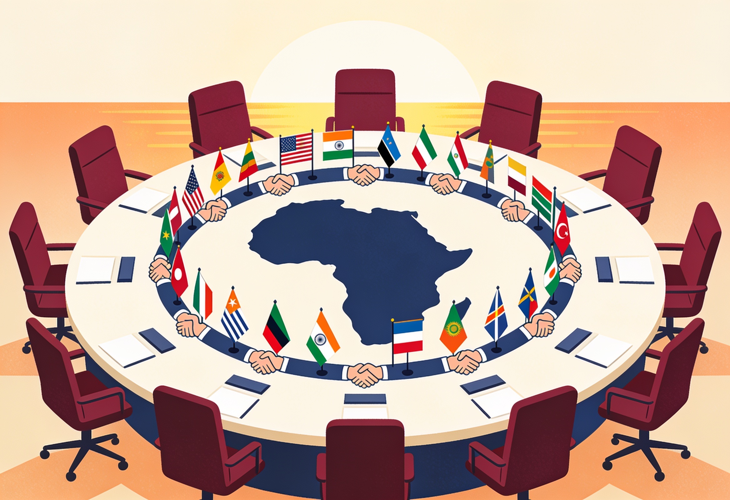 Editorial illustration of a global summit table encircling the African continent symbolising international cooperation
