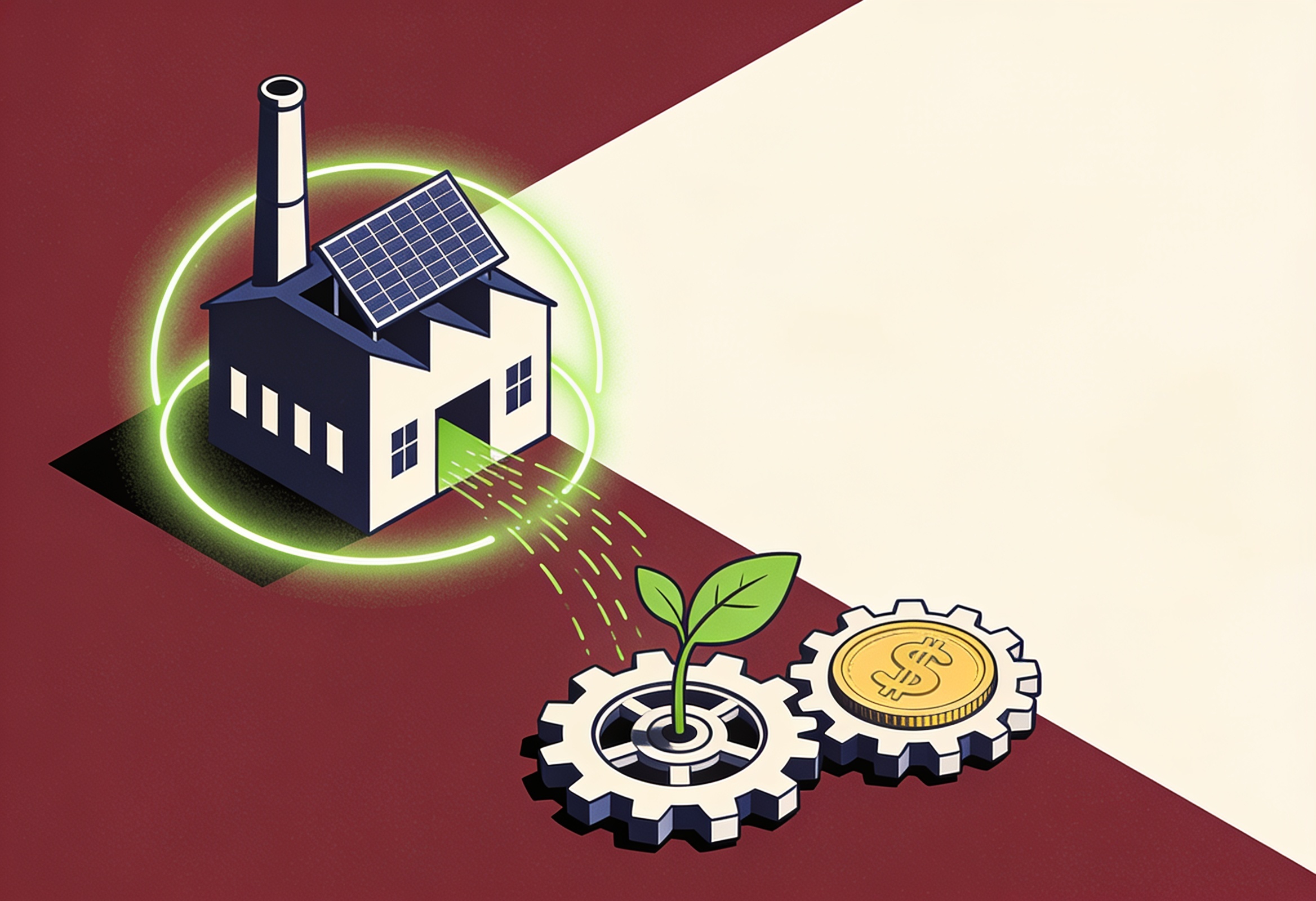 Flat editorial illustration of a small factory with a solar roof, gears turning into a green sprout and a finance motif
