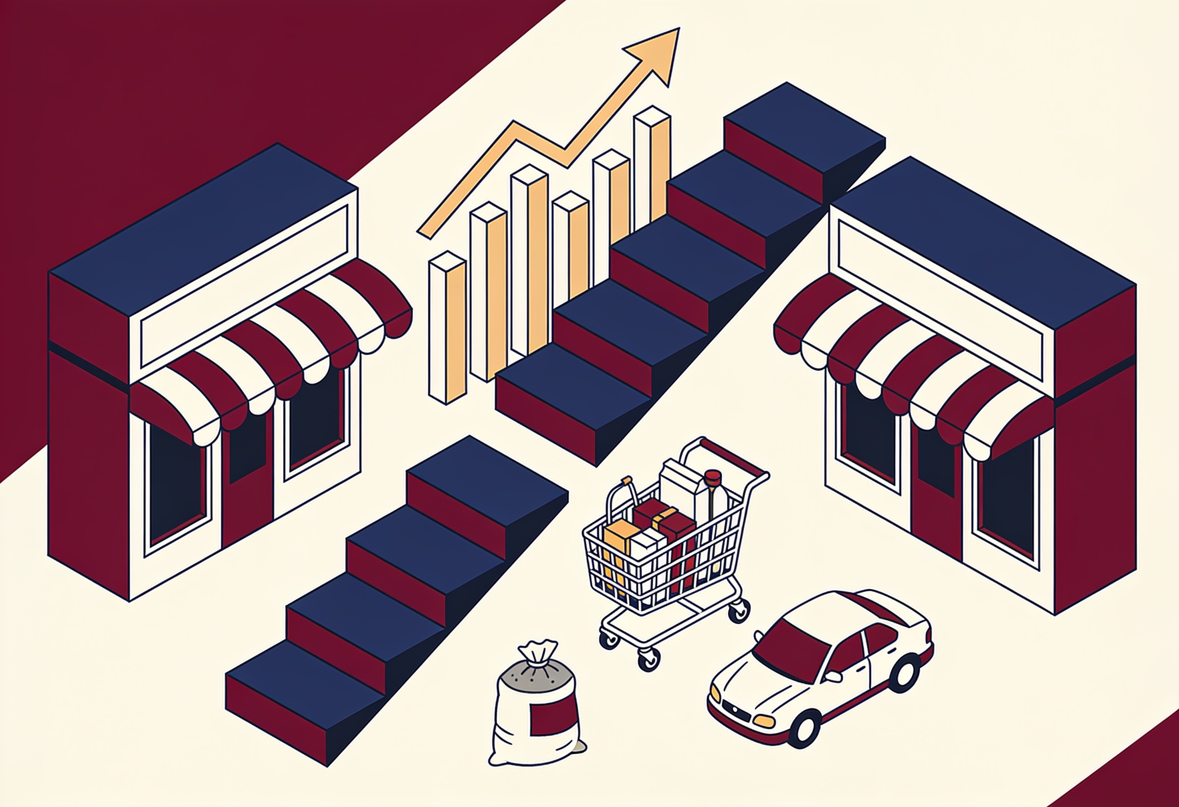 Editorial illustration of a simplified two-step tax-slab ladder with shopfronts, household goods and rising bar charts representing GST reform and collections.