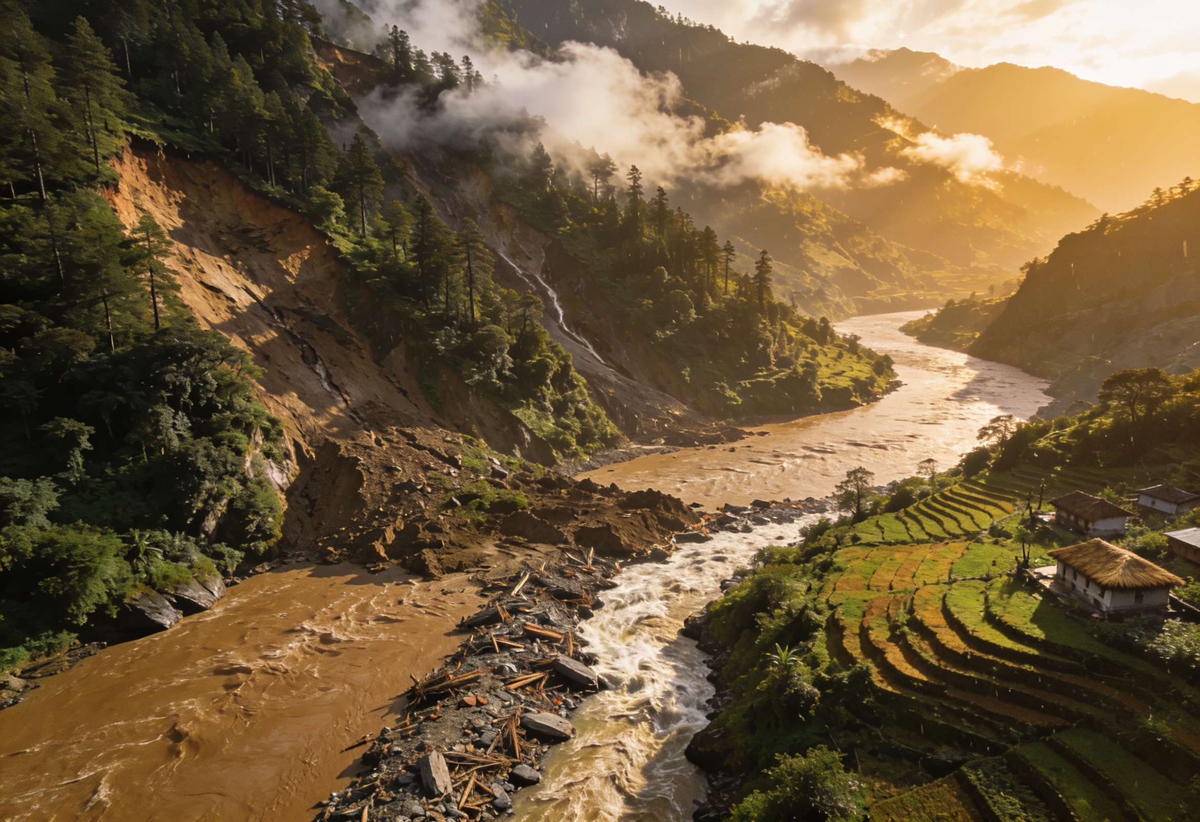 Aerial view of a flooded Himalayan valley with landslide scars, a swollen muddy river and monsoon cloud over the ridges