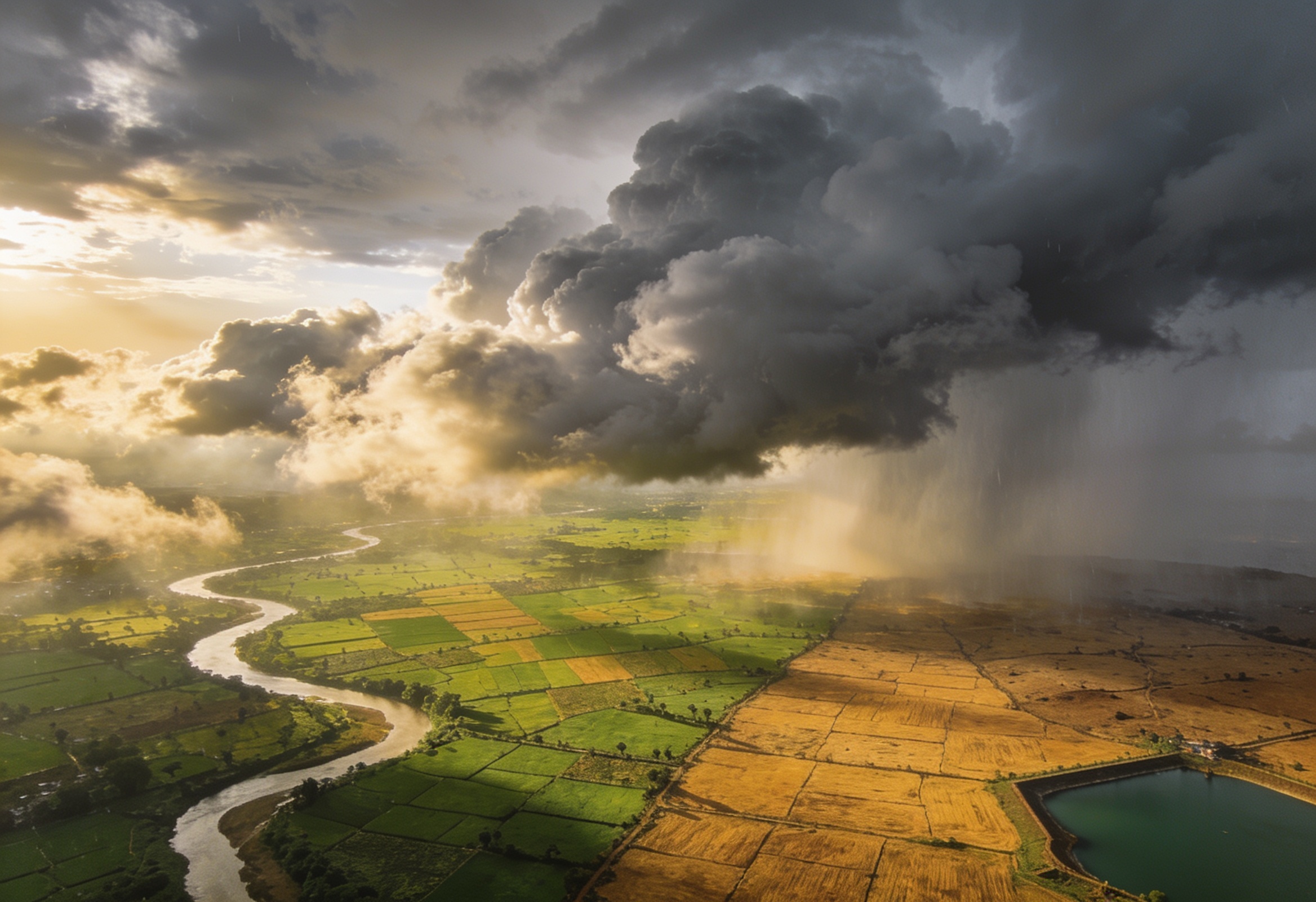Aerial view of monsoon rain clouds gathering over green and dry farmland with a river and reservoir