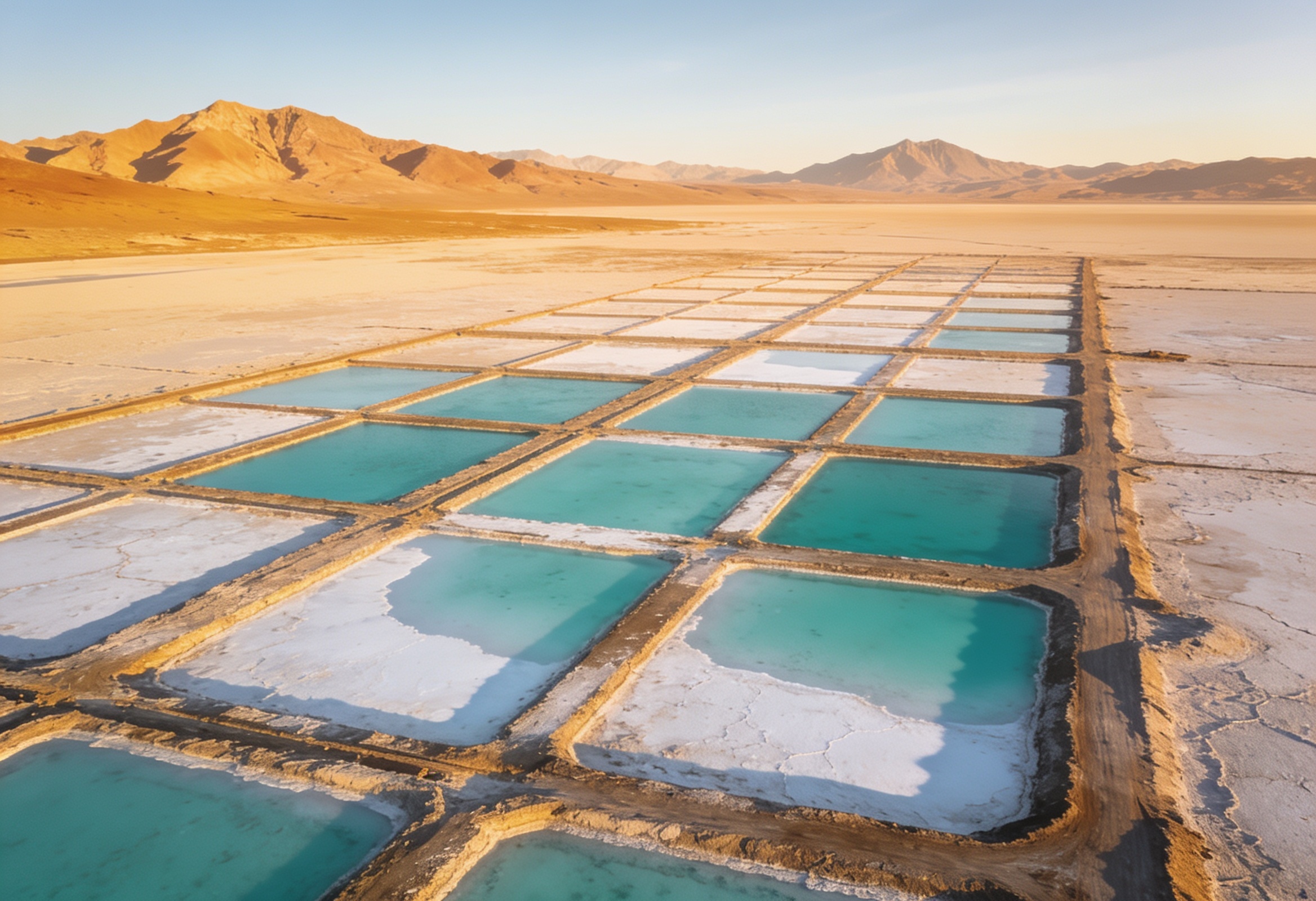 Aerial view of lithium brine evaporation ponds on an Andean salt flat