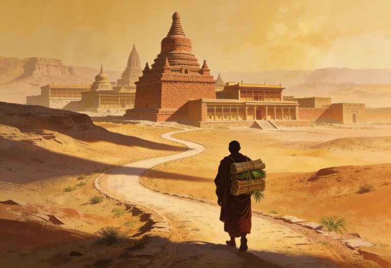 Painting of a robed pilgrim-monk carrying manuscripts along a Silk-Road path toward an ancient monastery with stupas at golden hour