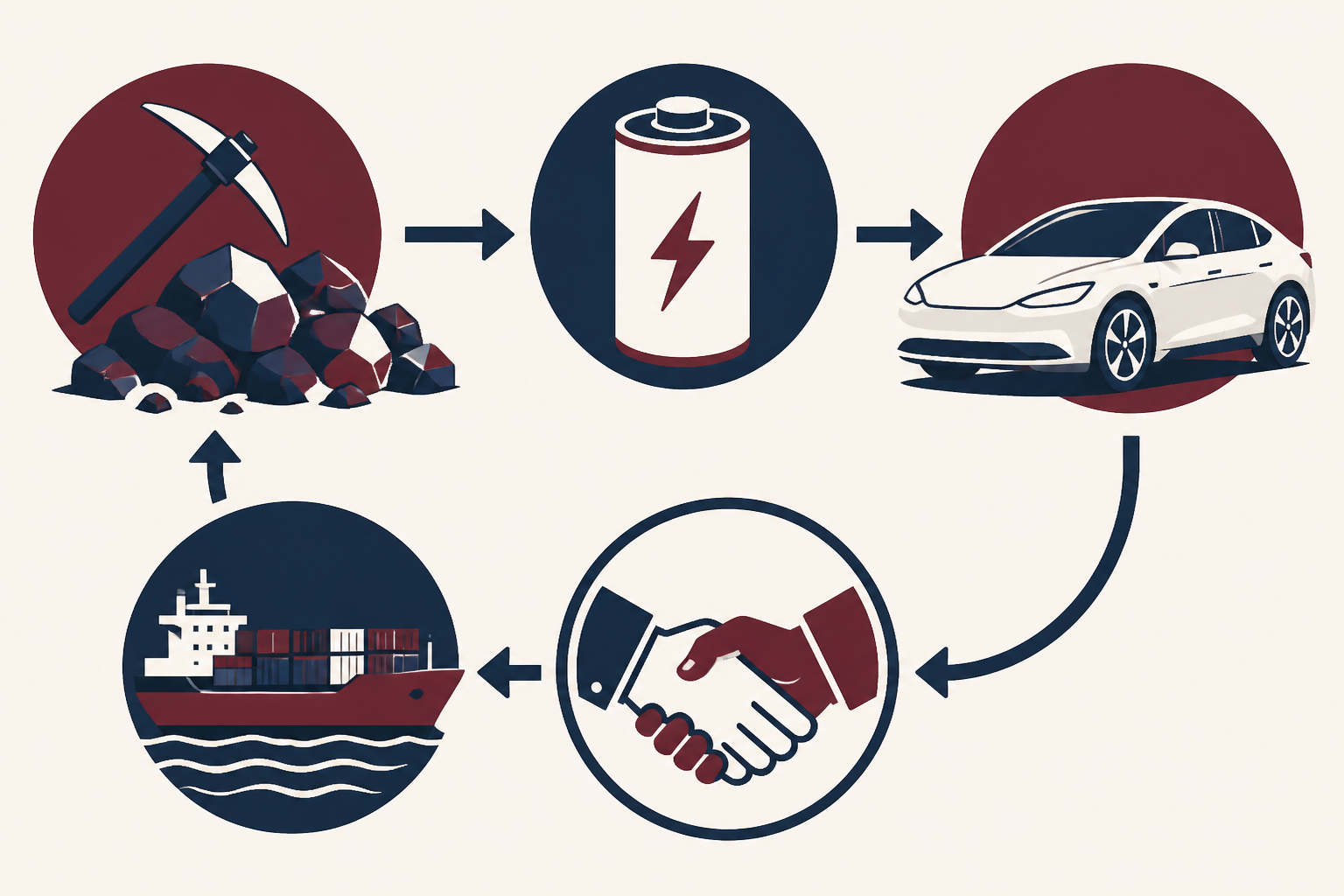 Stylised critical-mineral supply chain linking ore, a battery, an electric car, a ship and a handshake with arrows